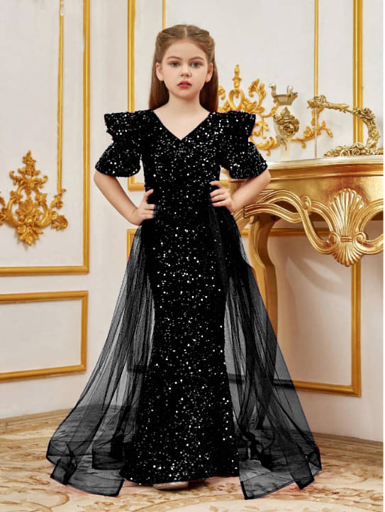     			BAHUCHARAJI ENTERPRISE Velvet Dress For Girls ( Pack of 1 , Black )