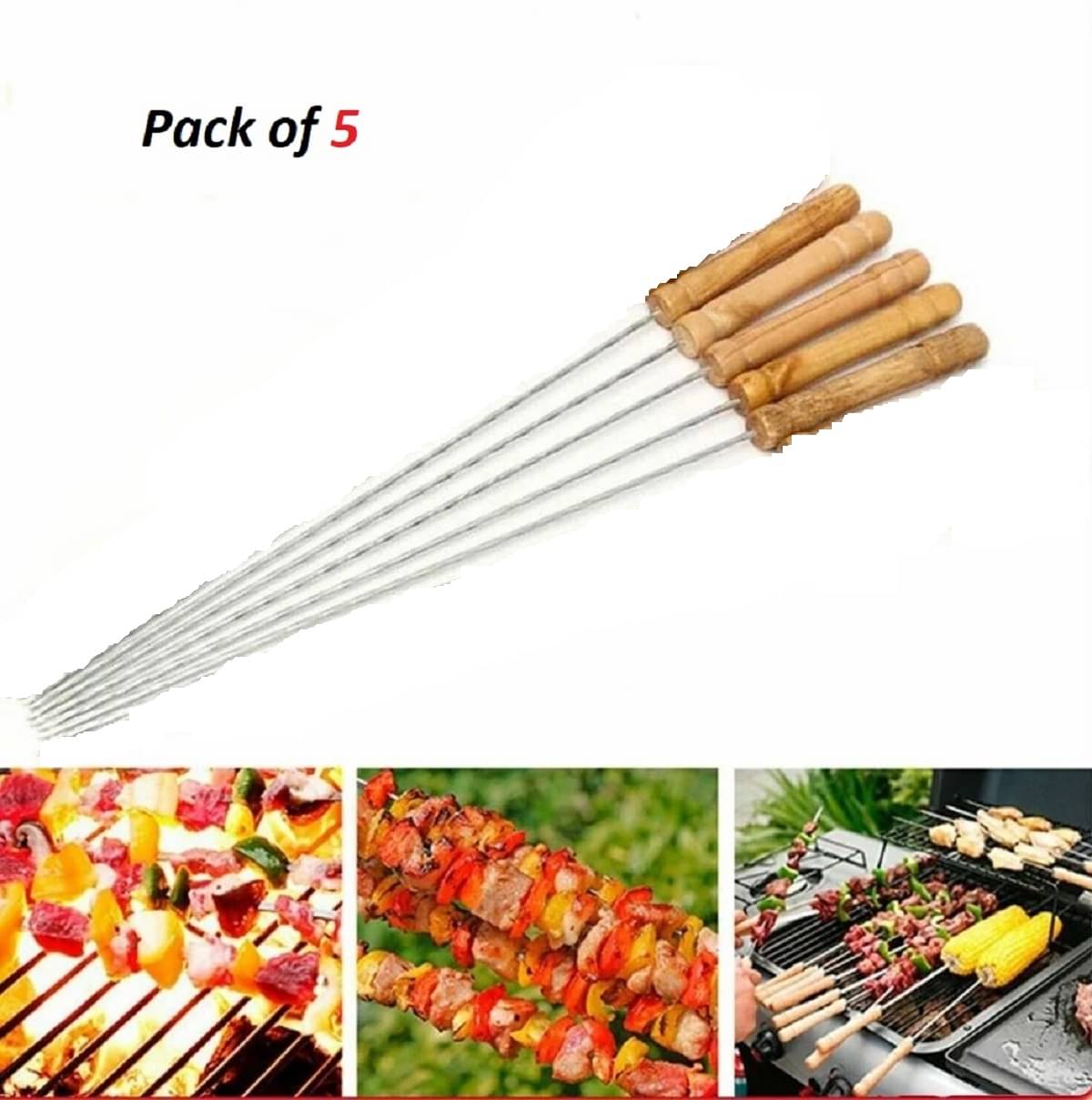     			Barbecue Sticks Skewers with Wooden Handle Very Thick and Strong Rods Stainless Steelfor BBQ Tandoor/Tikka/Kabab, Stainless Steel Stick with Wooden Handle - Pack of 5