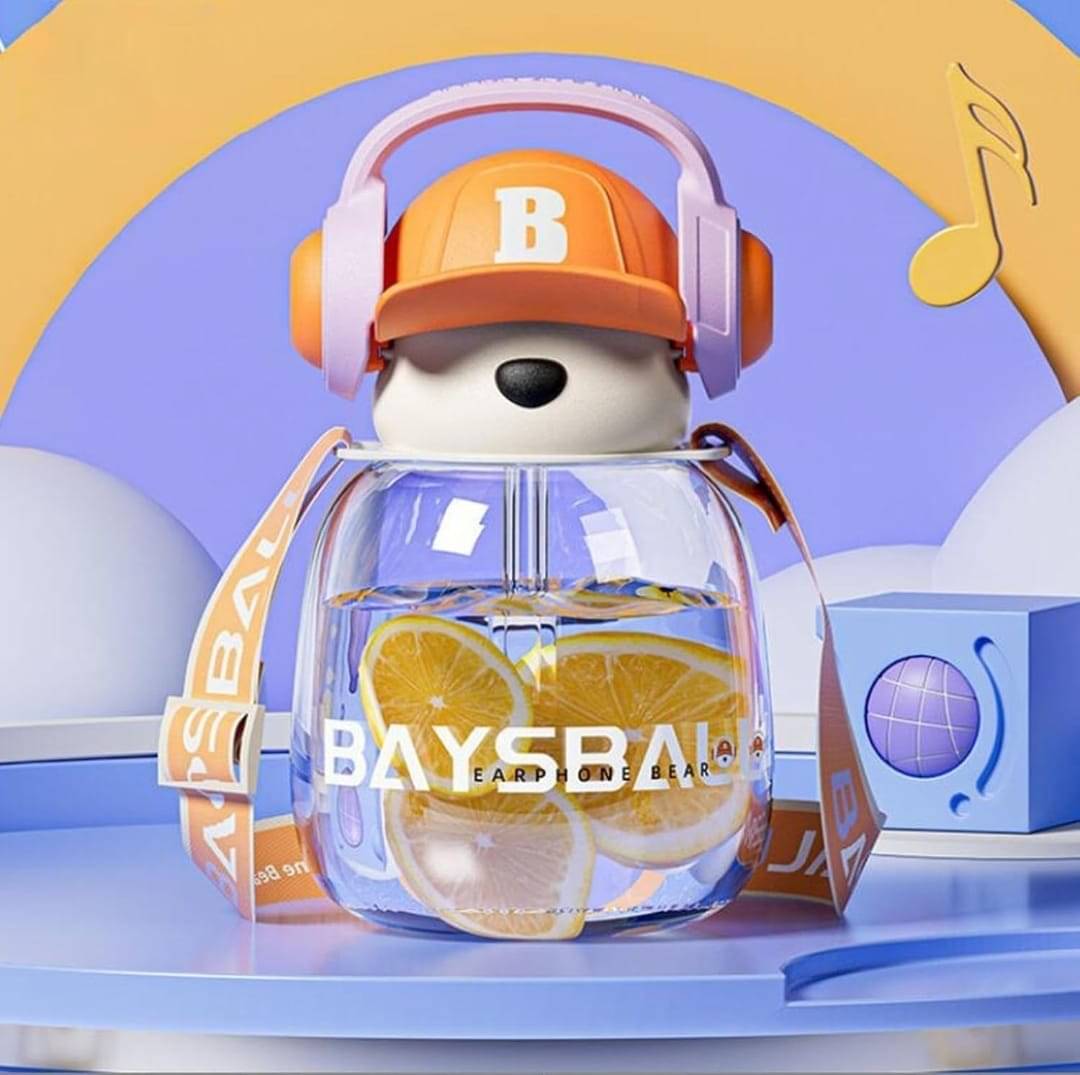     			Bestselling Cute DJ Bear Sipper Water bottle (pack of 1) with Cap and Straw and Exciting Stickers Inside for Kids Girls and Boys Leak-proof Reusable and Durable Water bottle for School Picnic Travel Random colors with (650ml) Capacity