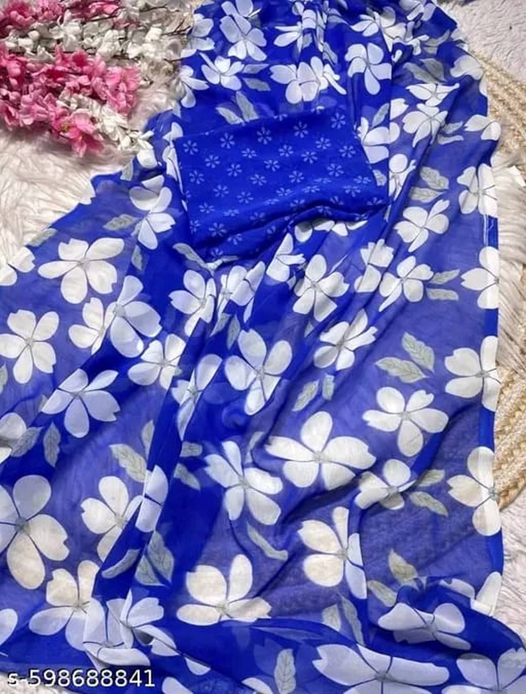     			Bhuwal Fashion Georgette Printed Regular Saree With Unstitched Blouse Piece ( Blue )