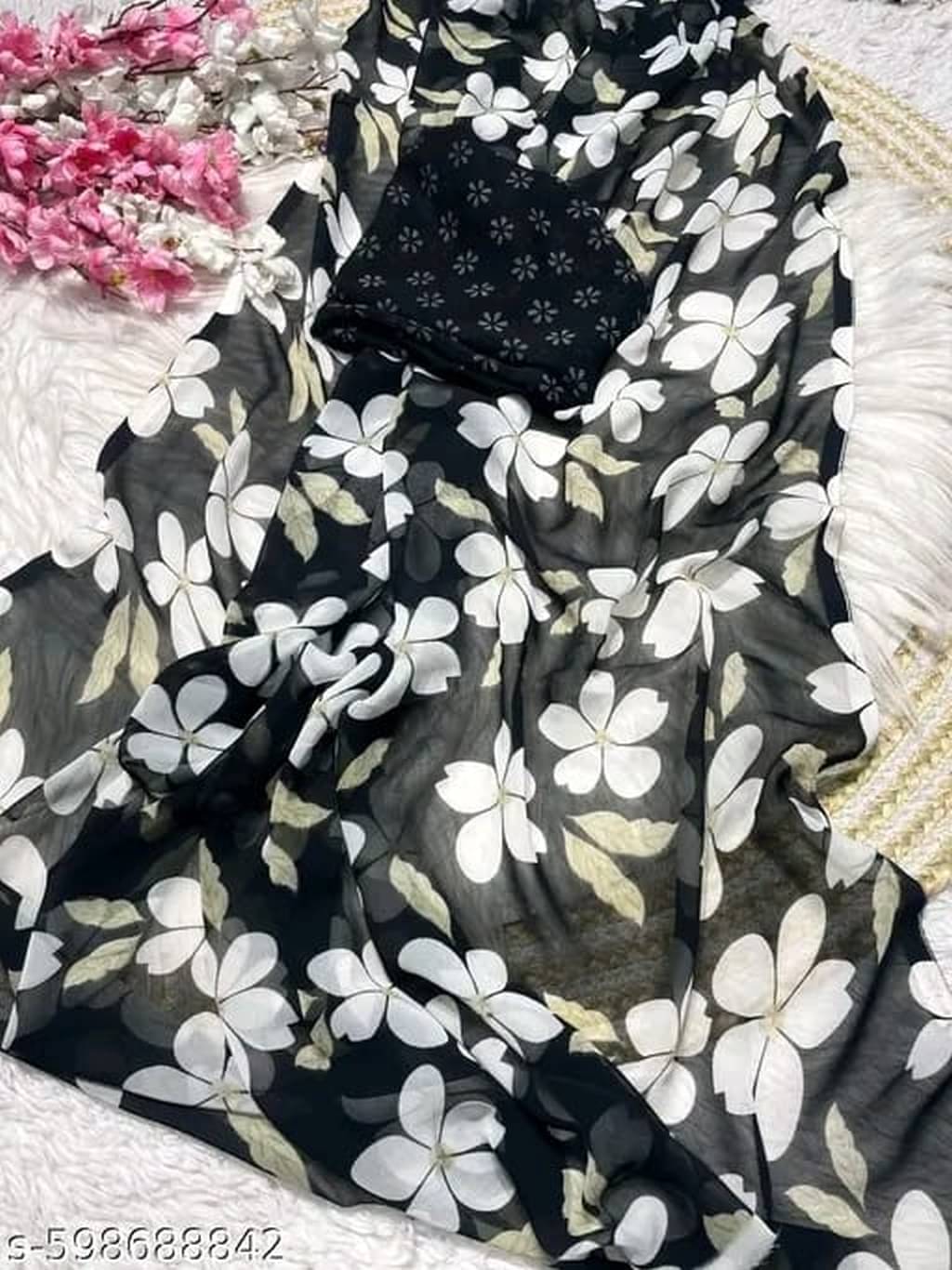     			Bhuwal Fashion Georgette Printed Regular Saree With Unstitched Blouse Piece ( Black )