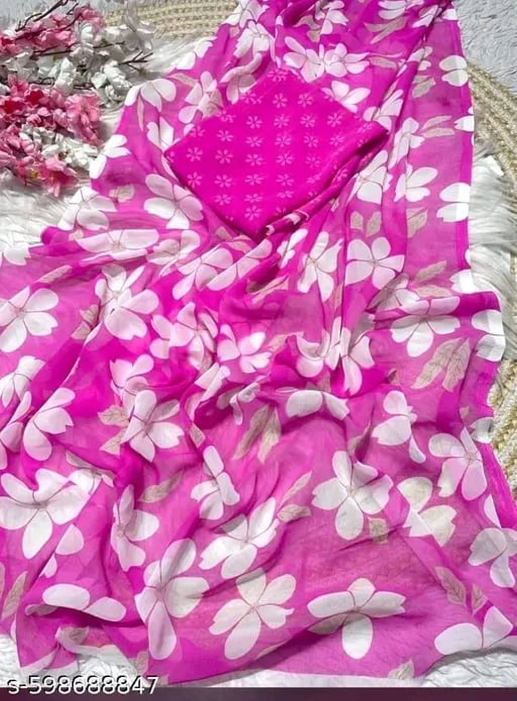     			Bhuwal Fashion Georgette Printed Regular Saree With Unstitched Blouse Piece ( Fluorescent Pink )