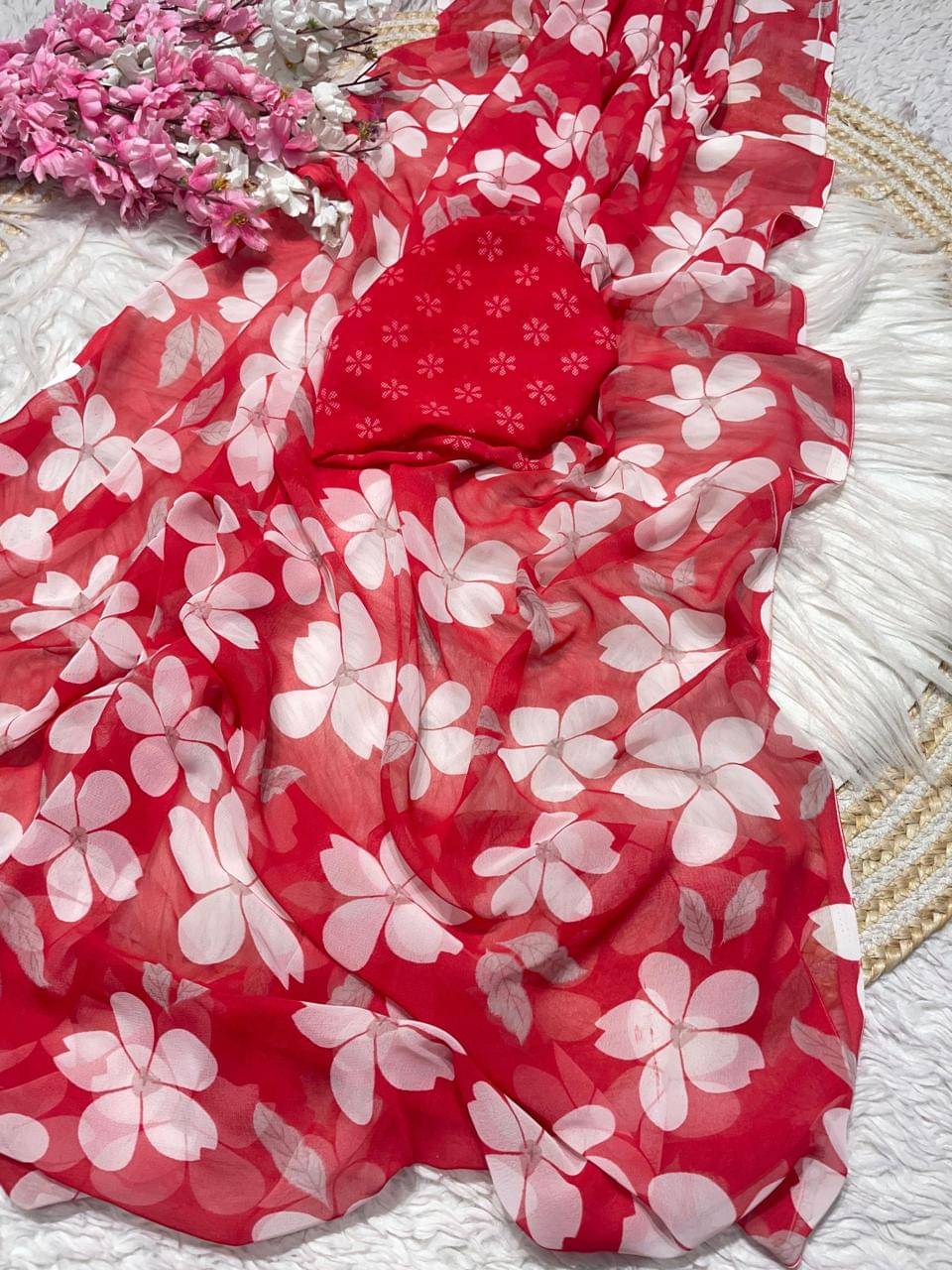     			Bhuwal Fashion Georgette Printed Regular Saree With Unstitched Blouse Piece ( Red )