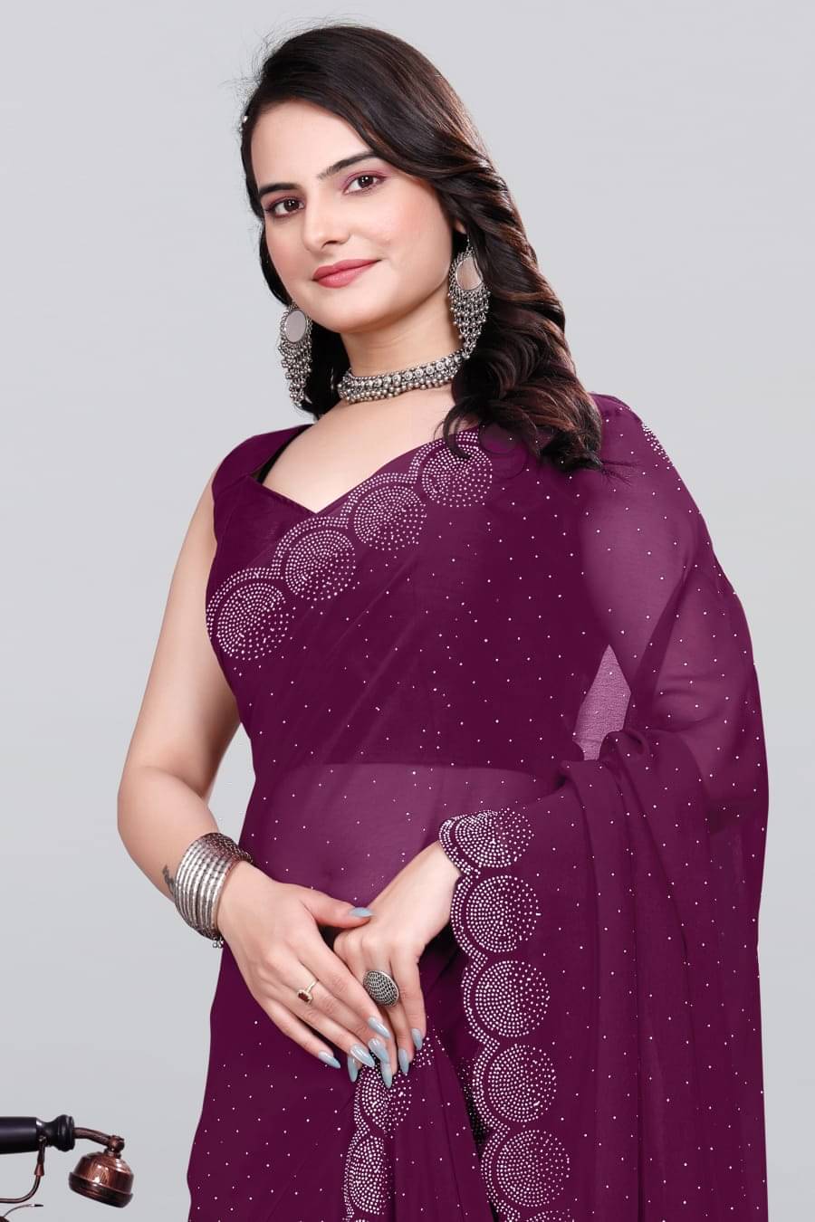     			EARTHSPARROW Georgette Embellished Regular Saree With Unstitched Blouse Piece ( Purple )