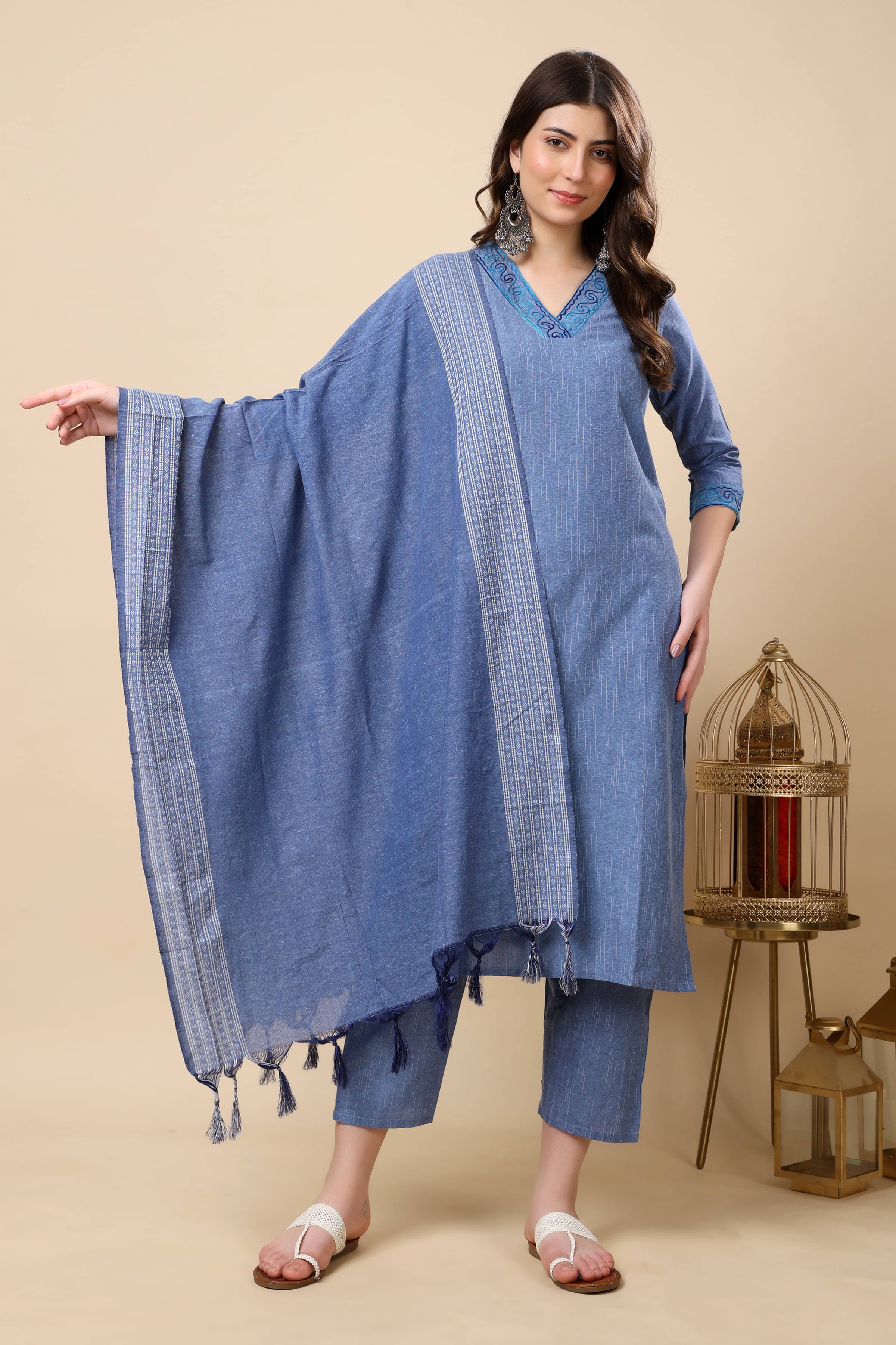     			FASHJONS 360 Women Cotton Embroidered Straight Kurti With Harems Pants ( Blue )