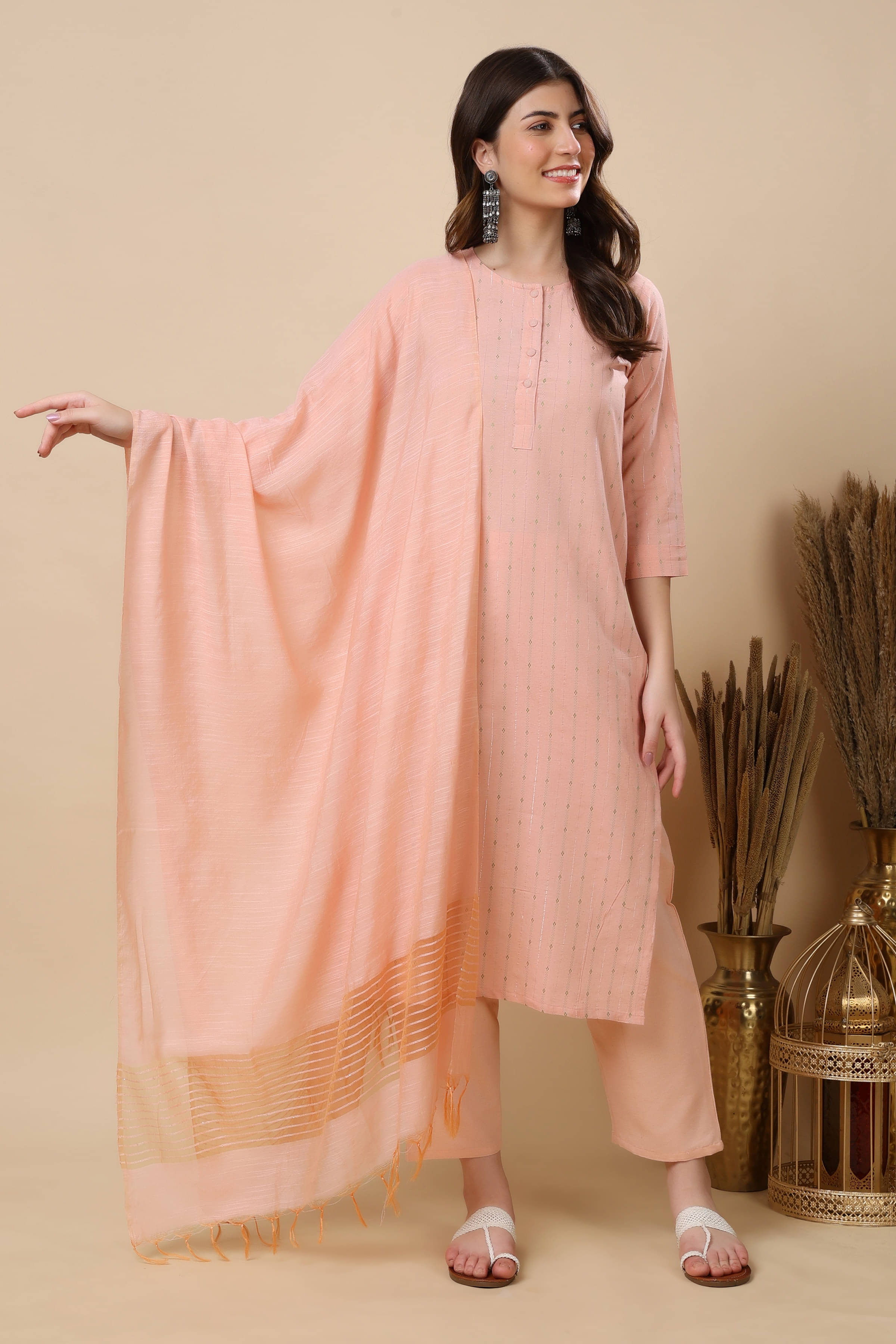    			FASHJONS 360 Women Cotton Embroidered Straight Kurti With Harems Pants ( Peach )