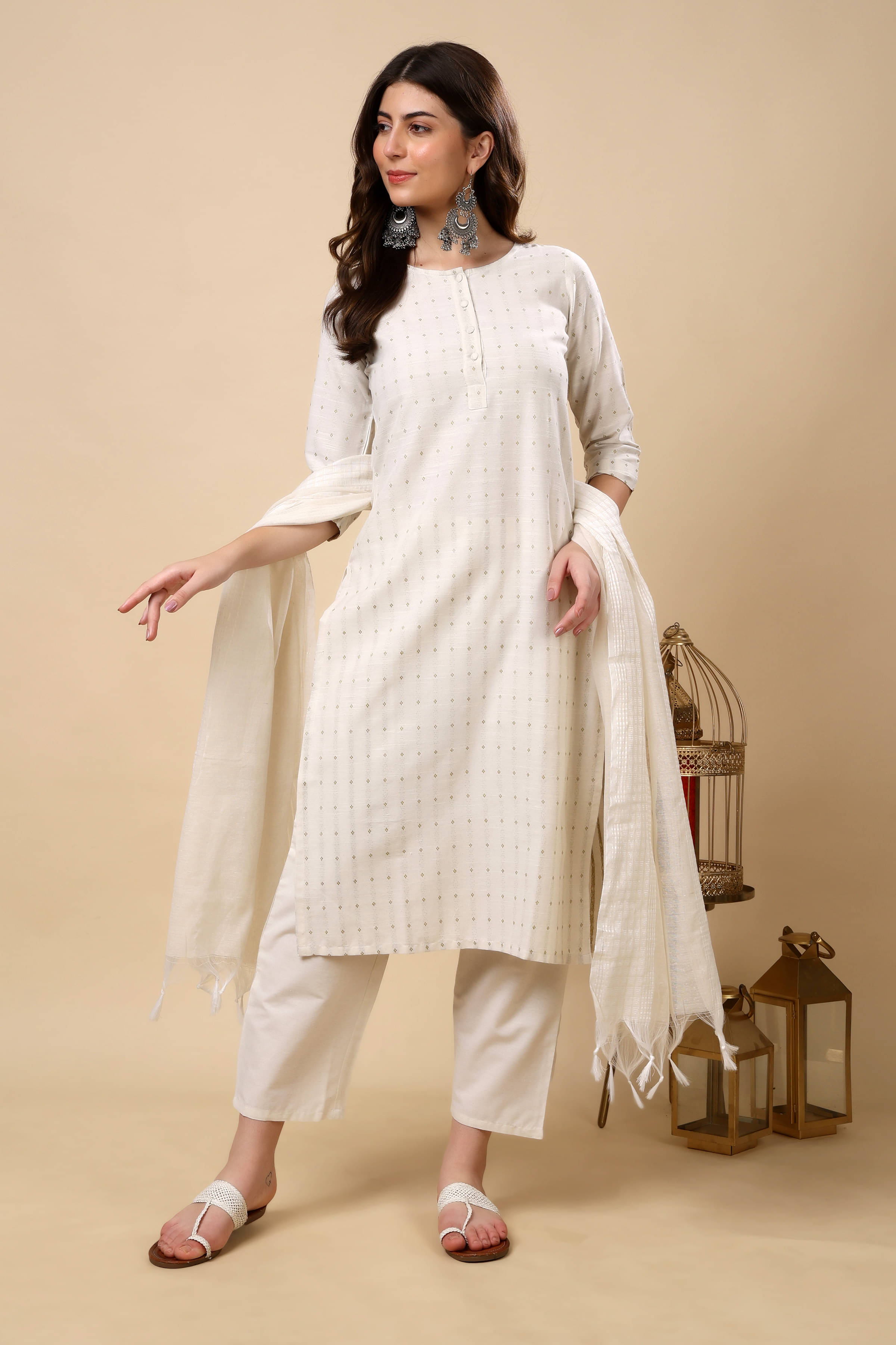    			FASHJONS 360 Women Cotton Embroidered Straight Kurti With Harems Pants ( Off White )
