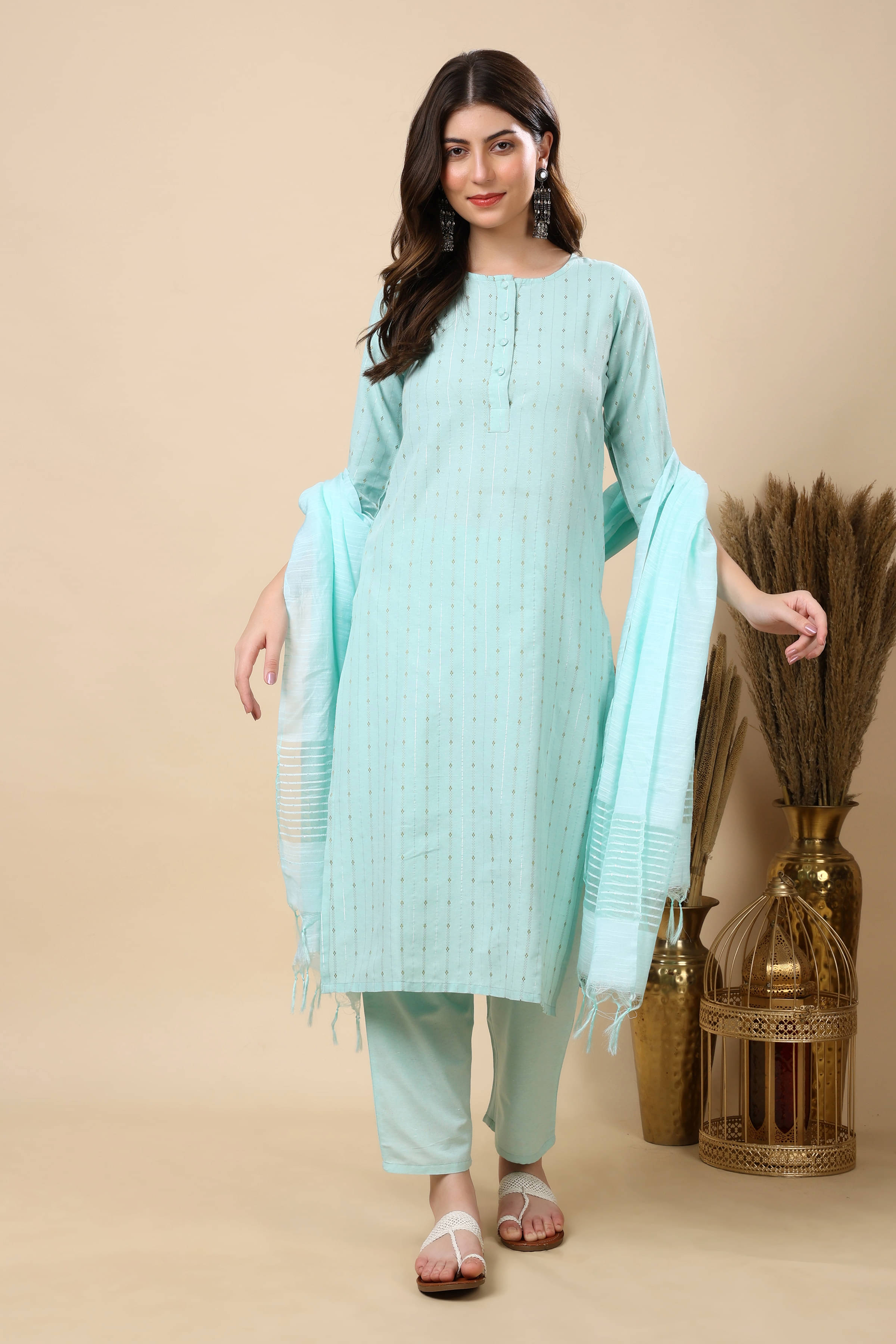     			FASHJONS 360 Women Cotton Embroidered Straight Kurti With Harems Pants ( Sea Green )
