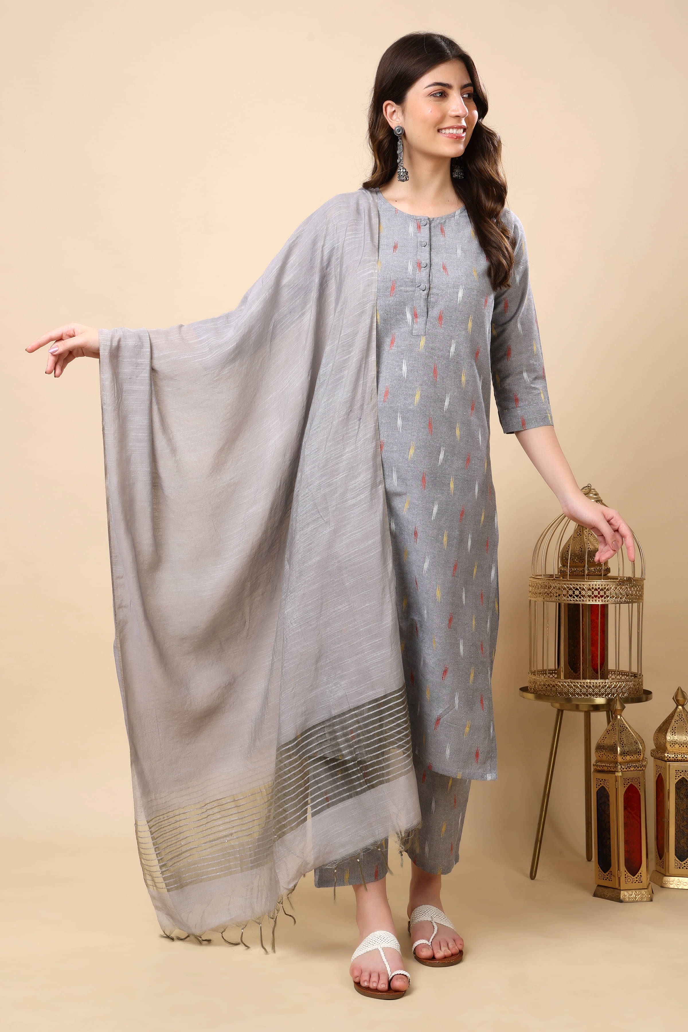     			FASHJONS 360 Women Cotton Embroidered Straight Kurti With Harems Pants ( Light Grey )