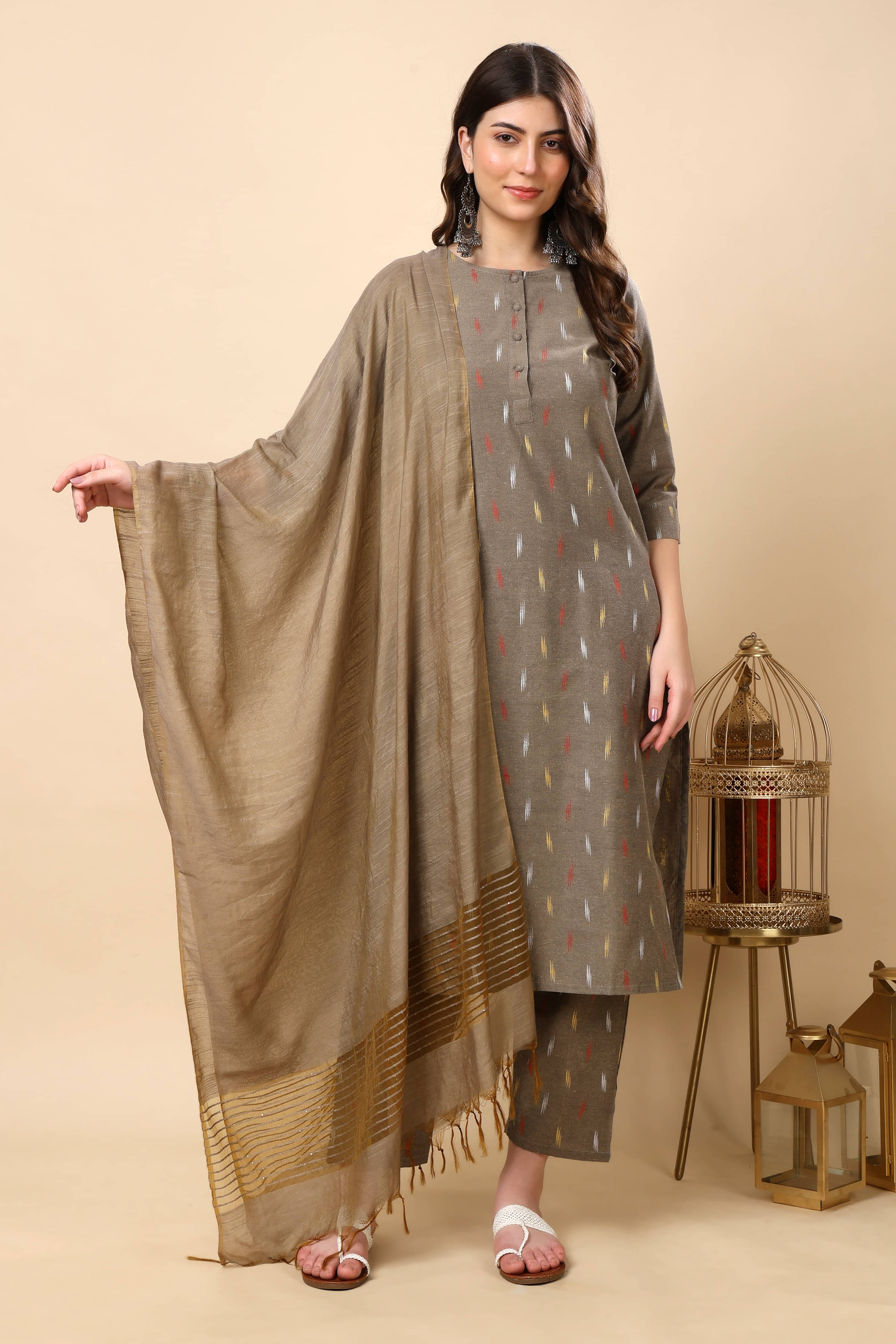     			FASHJONS 360 Women Cotton Embroidered Straight Kurti With Harems Pants ( Brown )