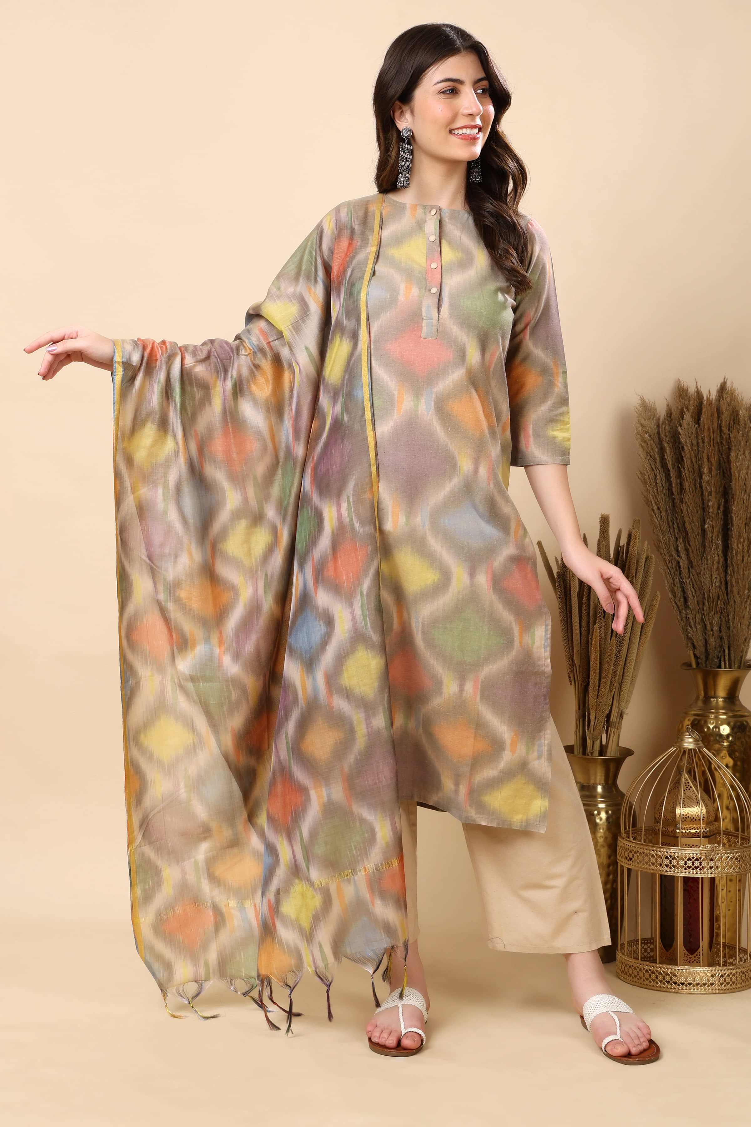 FASHJONS 360 Women Cotton Printed Straight Kurti With Harems Pants ( Multicoloured )