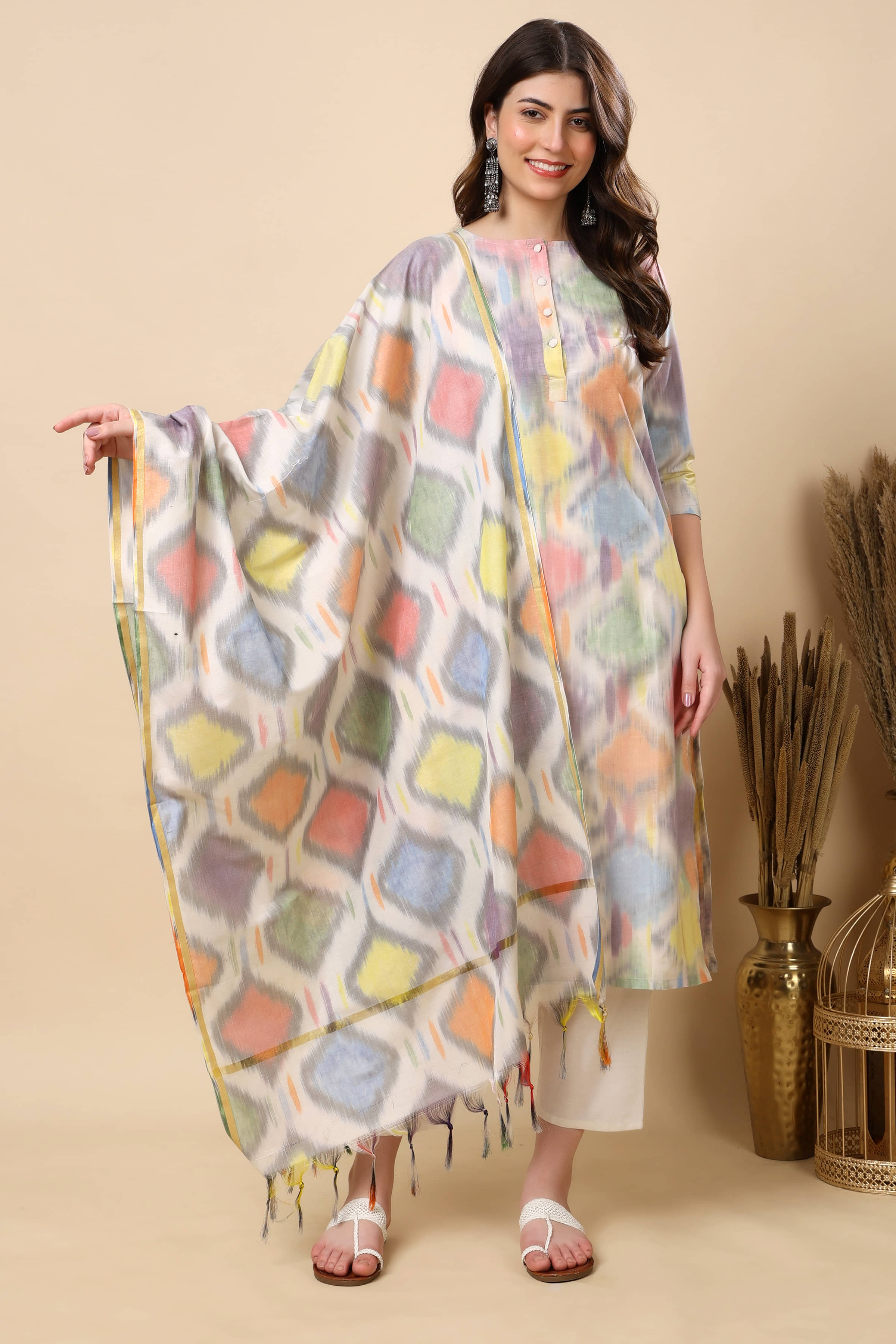 FASHJONS 360 Women Cotton Printed Straight Kurti With Harems Pants ( Multicoloured )