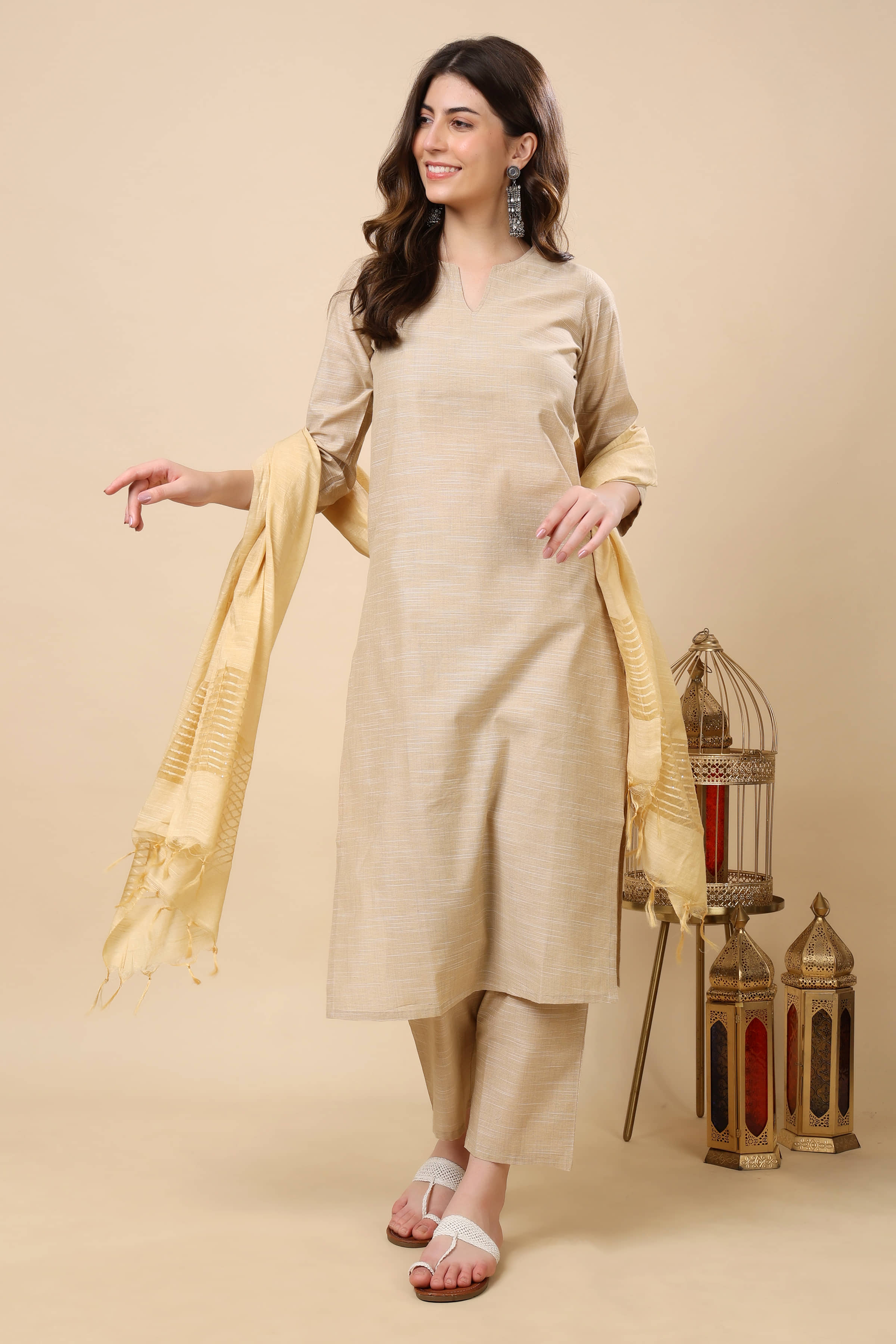 FASHJONS 360 Women Cotton Solid Straight Kurti With Harems Pants ( Beige )