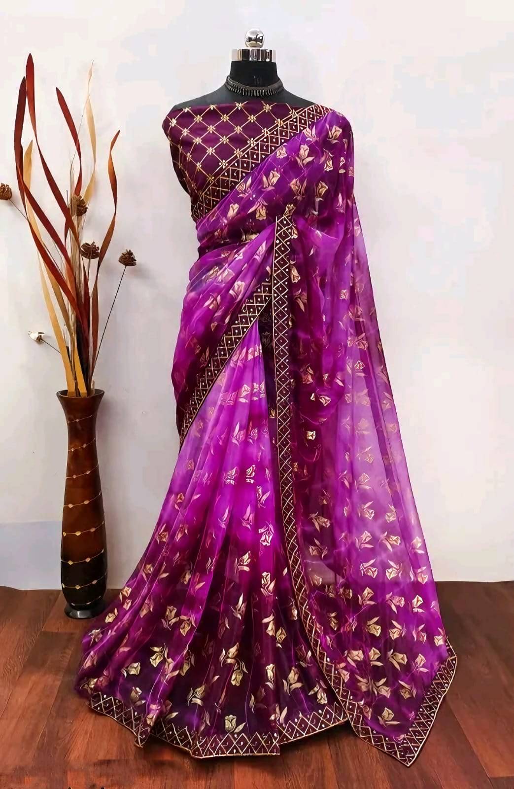     			Faz Collection Organza Embellished Bhagalpuri Saree With Unstitched Blouse Piece ( Wine )