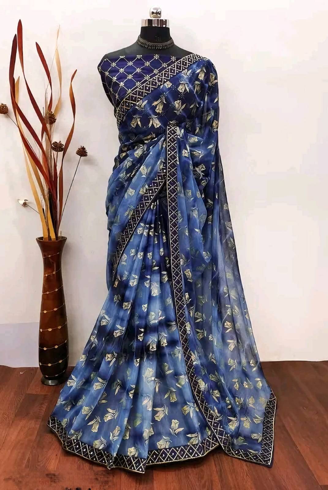     			Faz Collection Organza Embellished Bhagalpuri Saree With Unstitched Blouse Piece ( Grey )