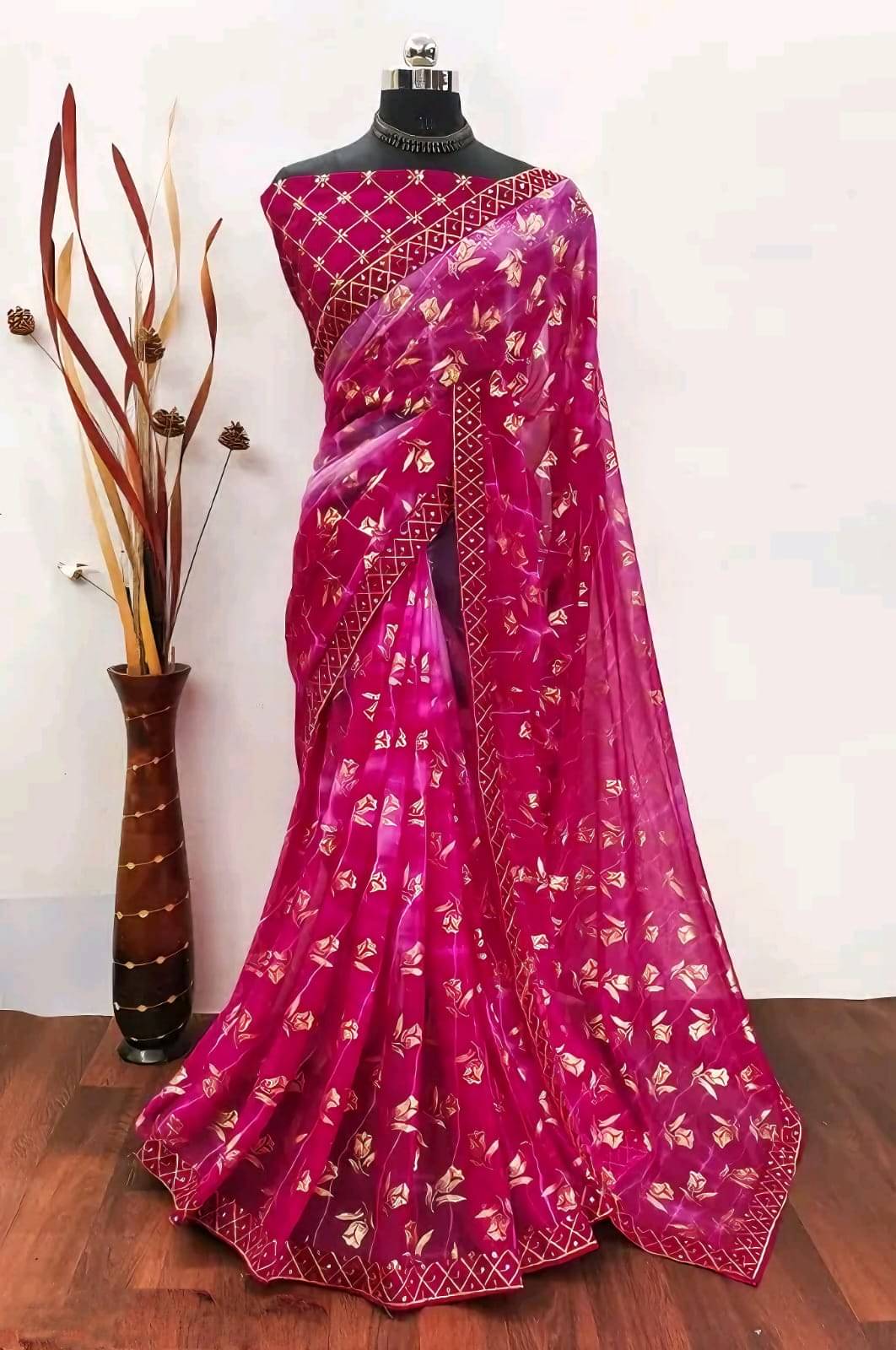     			Faz Collection Organza Embellished Bhagalpuri Saree With Unstitched Blouse Piece ( Rani )