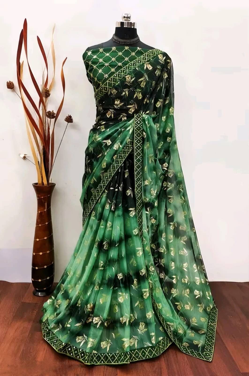    			Faz Collection Organza Embellished Bhagalpuri Saree With Unstitched Blouse Piece ( Green )