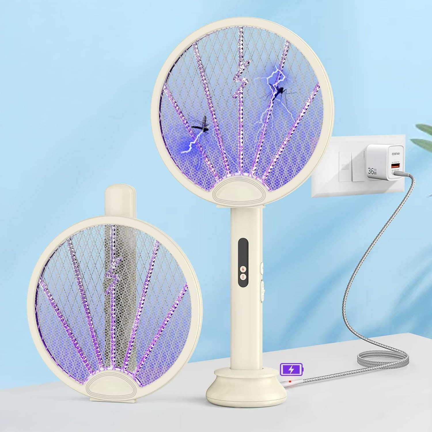     			Foldable Mosquito Bat Rechargeable with UV Light Lamp, 2-in-1 Mosquito Racket, Electric Fly Swatter, 1200mAh Long-Lasting Battery, Rotatable Bug Zappe