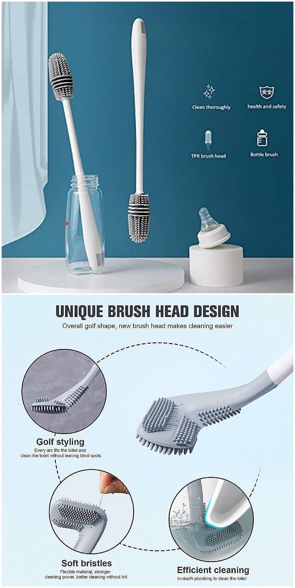     			Golf Shape Silicone Toilet Brush with Self-Adhesive Wall Hook Holder Anti-drip Non-Slip Long Handle Quick & Easy Cleaning Bathroom Cleaner Set for Western & Indian Toilets | Bottle Cleaning Brush Silicone Long Handle Bottle Cleaner for Home and Kitchen