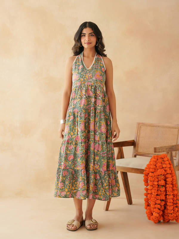 Goodhand Women Cotton Printed Fit & Flare Dress ( Green ) Goodhand Women Cotton Printed Fit & Flare Dress ( Green )