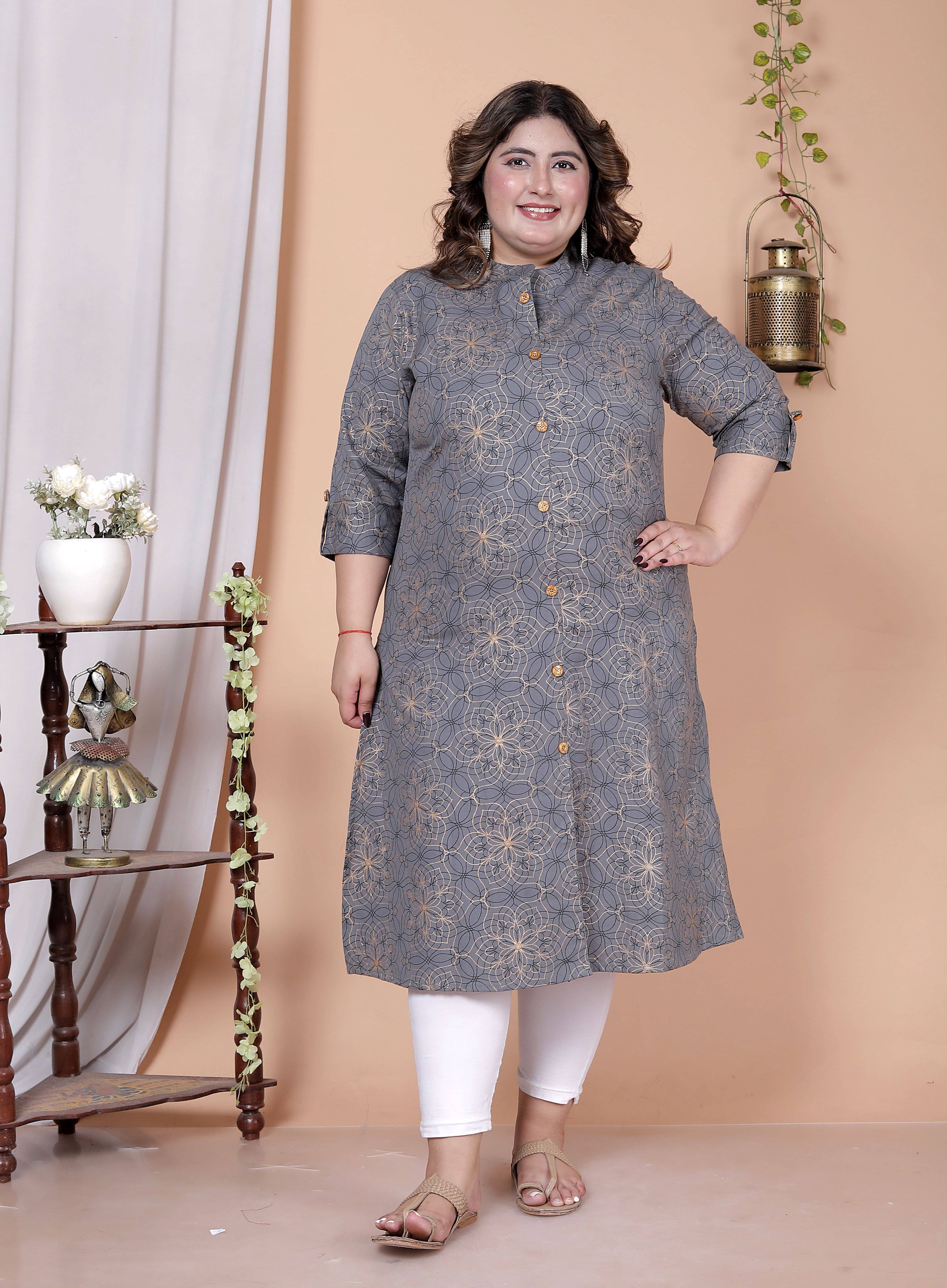 Gyapti Women Cotton Printed A-line Kurti ( Grey ) Gyapti Women Cotton Printed A-line Kurti ( Grey )