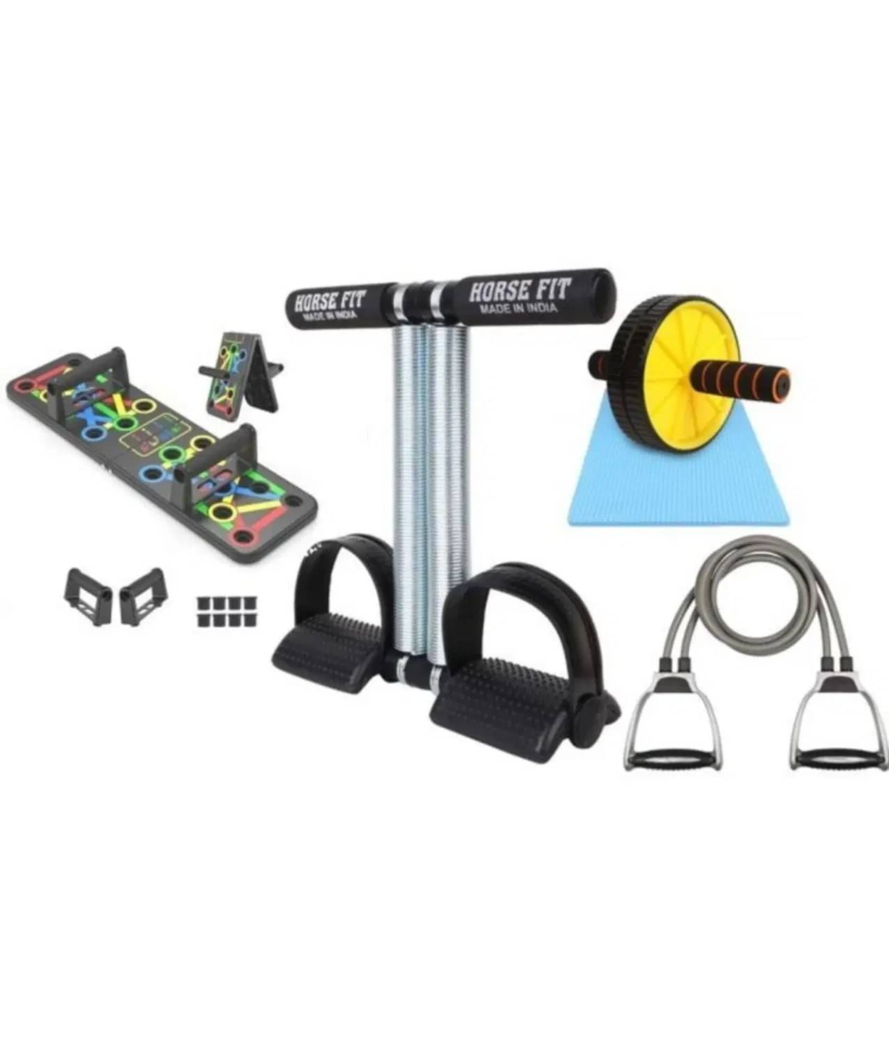     			HORSE FIT Double Spring Tummy Trimmer, Double Wheel Ab Roller, Push Up Board and Double Toning Resistance Tube Home Gym Exercise Equipment for Men & Women Best Fitness Combo