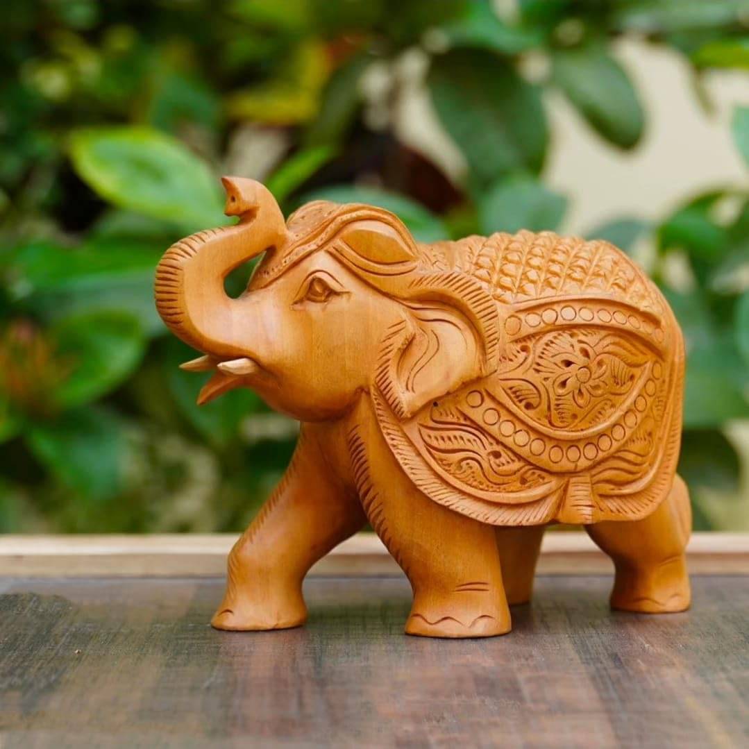     			Hand Carved Wooden Elephant Figurine 4 Inches with Truck - Home Office Decoration Handcrafted Sculpture