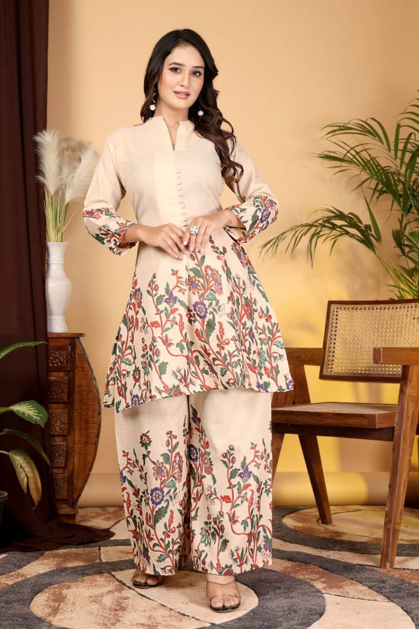 Herin Enterprise Women Printed Tunic With Palazzos Co-Ord Set ( Cream )     			Herin Enterprise Women Printed Tunic With Palazzos Co-Ord Set ( Cream )