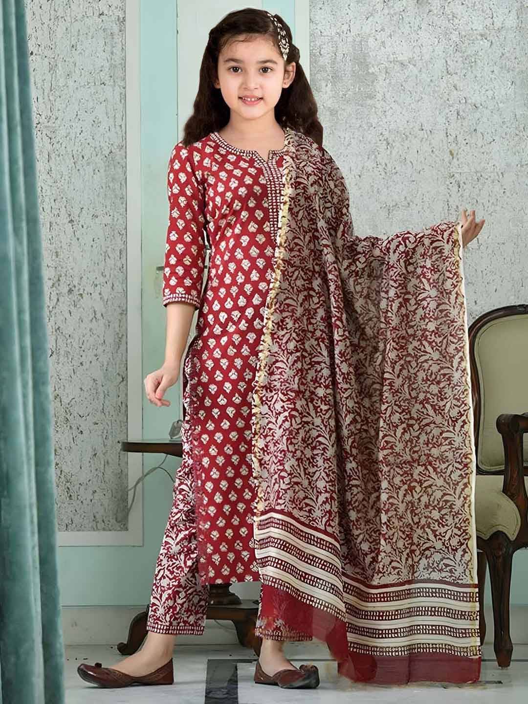     			Lady Shopi Girls Cotton Kurti with Pants ( Pack of 1 , Maroon )