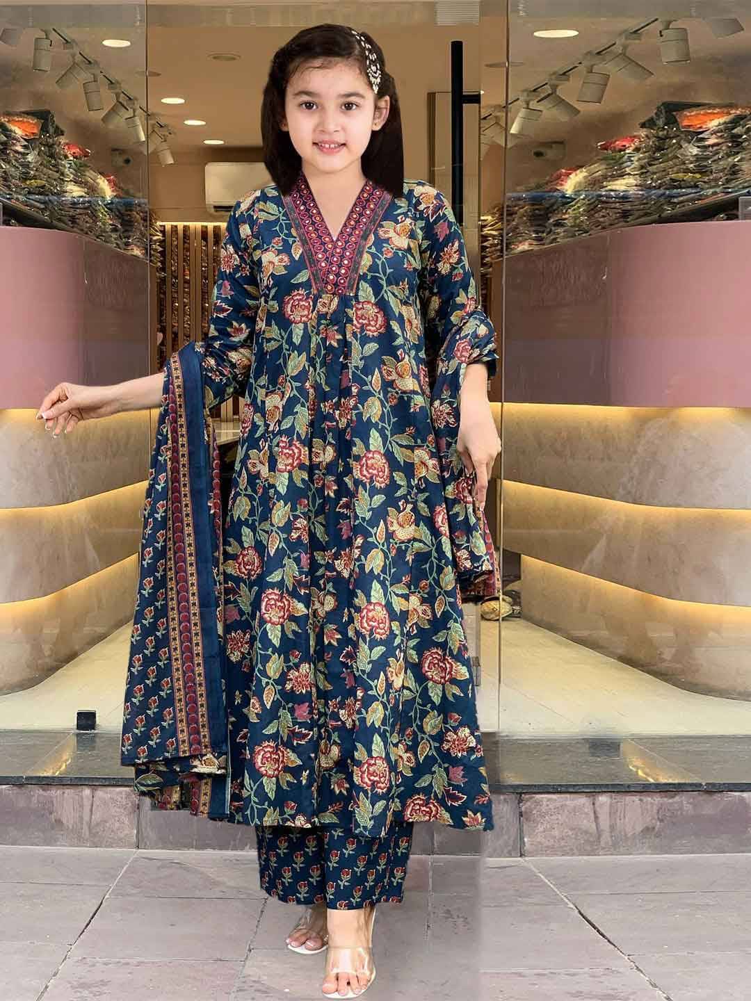     			Lady Shopi Girls Cotton Kurti with Pants ( Pack of 1 , Navy Blue )