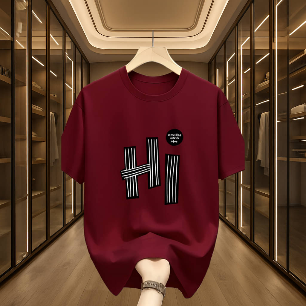 Madilyn Men Cotton Blend Oversized Fit Printed T-Shirt ( Maroon )     			Madilyn Men Cotton Blend Oversized Fit Printed T-Shirt ( Maroon )