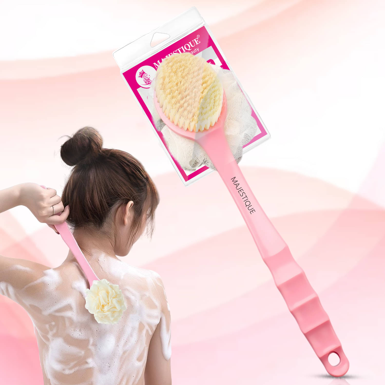     			Majestique 2 in 1 Bath Body Brush & Loofah, Dual-Sided Back Scrub, Long Handle Back Rubbing Brush Bath, Soft Bristles & Loofah Bath - 1Pc/Multicolour