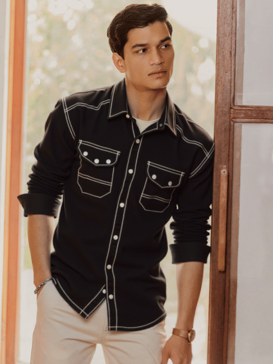     			NEW-18 Denim Regular Fit Solids Full Sleeves Men's Casual Shirt - Black ( Pack of 1 )