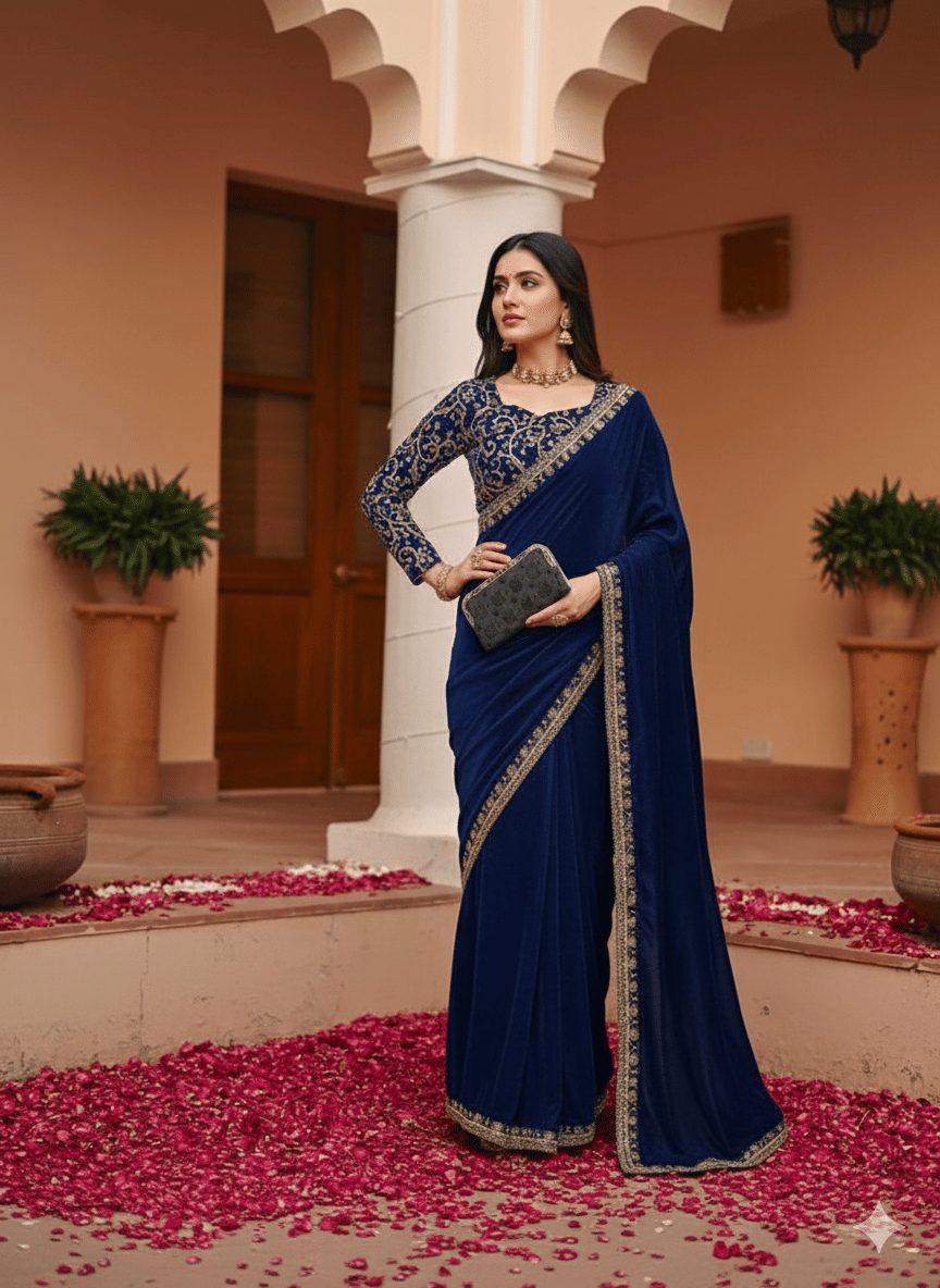 PALKAANO Velvet Embroidered Chikankari Saree With Unstitched Blouse Piece ( Navy Blue ) PALKAANO Velvet Embroidered Chikankari Saree With Unstitched Blouse Piece ( Navy Blue )