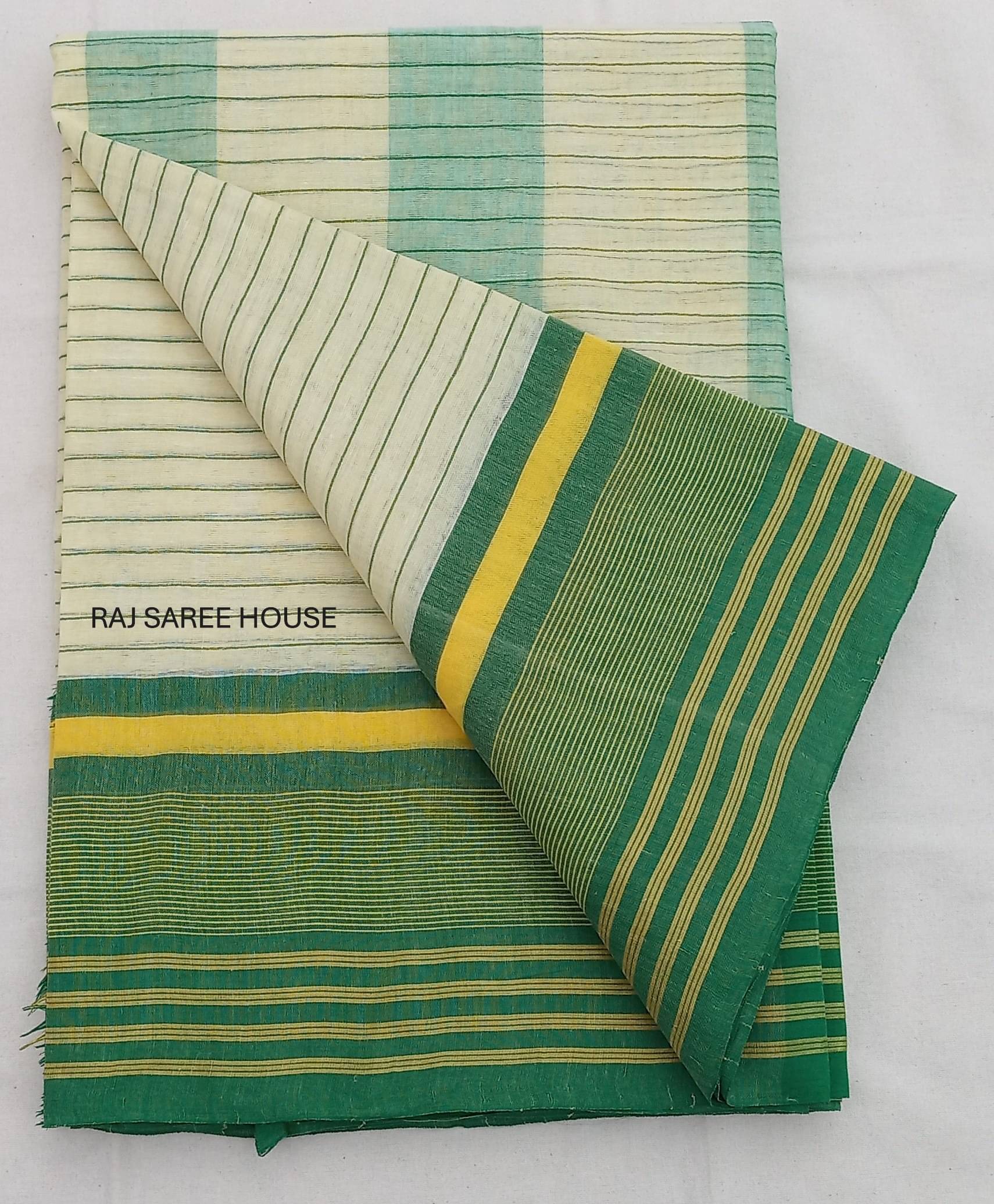     			RAJ SAREE HOUSE Cotton Striped Tant Saree Without Blouse Piece ( Green )