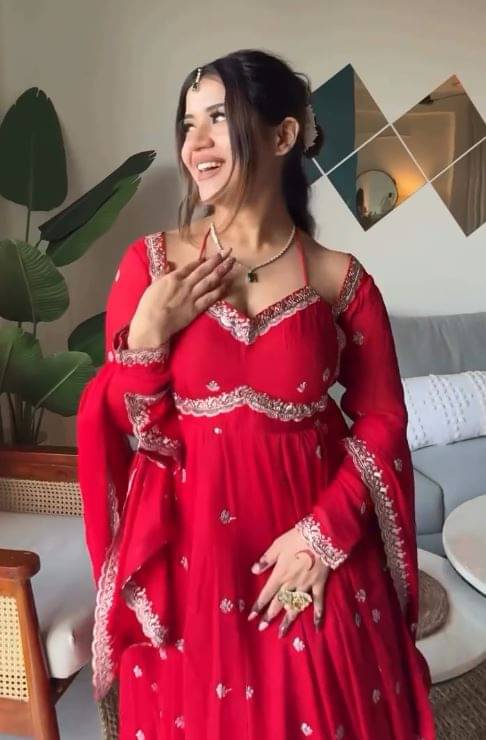 Trandtide Women Georgette Anarkali Stitched Ethnic Gown With Dupatta ( Red ) Trandtide Women Georgette Anarkali Stitched Ethnic Gown With Dupatta ( Red )