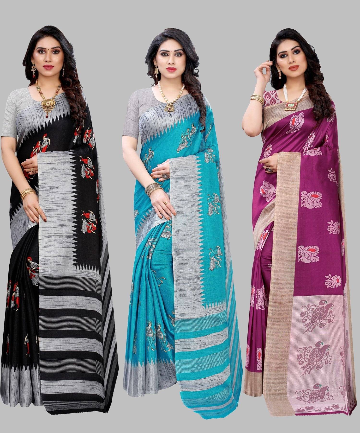 Yashika Art Silk Printed Regular Saree With Unstitched Blouse Piece ( Black )     			Yashika Art Silk Printed Regular Saree With Unstitched Blouse Piece ( Black )