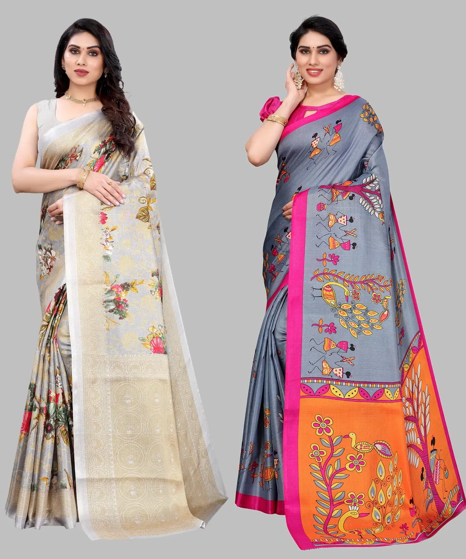 Yashika Art Silk Printed Regular Saree With Unstitched Blouse Piece ( Grey ) Yashika Art Silk Printed Regular Saree With Unstitched Blouse Piece ( Grey )