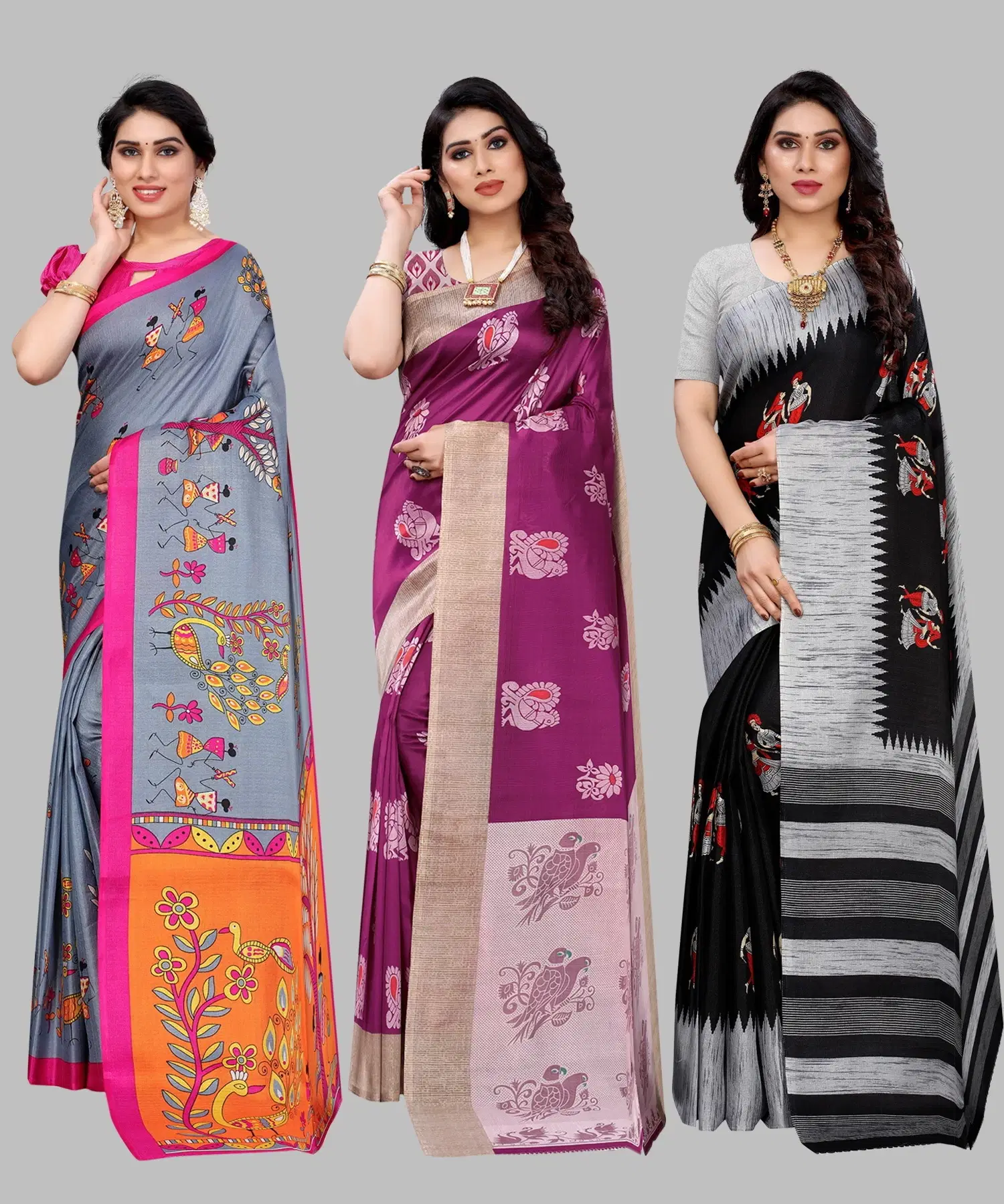 Yashika Art Silk Printed Regular Saree With Unstitched Blouse Piece ( Grey ) Yashika Art Silk Printed Regular Saree With Unstitched Blouse Piece ( Grey )