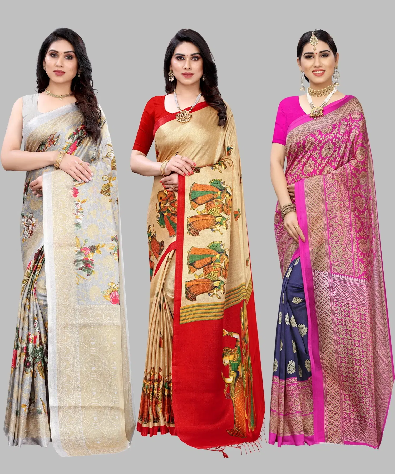 Yashika Art Silk Printed Regular Saree With Unstitched Blouse Piece ( Grey ) Yashika Art Silk Printed Regular Saree With Unstitched Blouse Piece ( Grey )