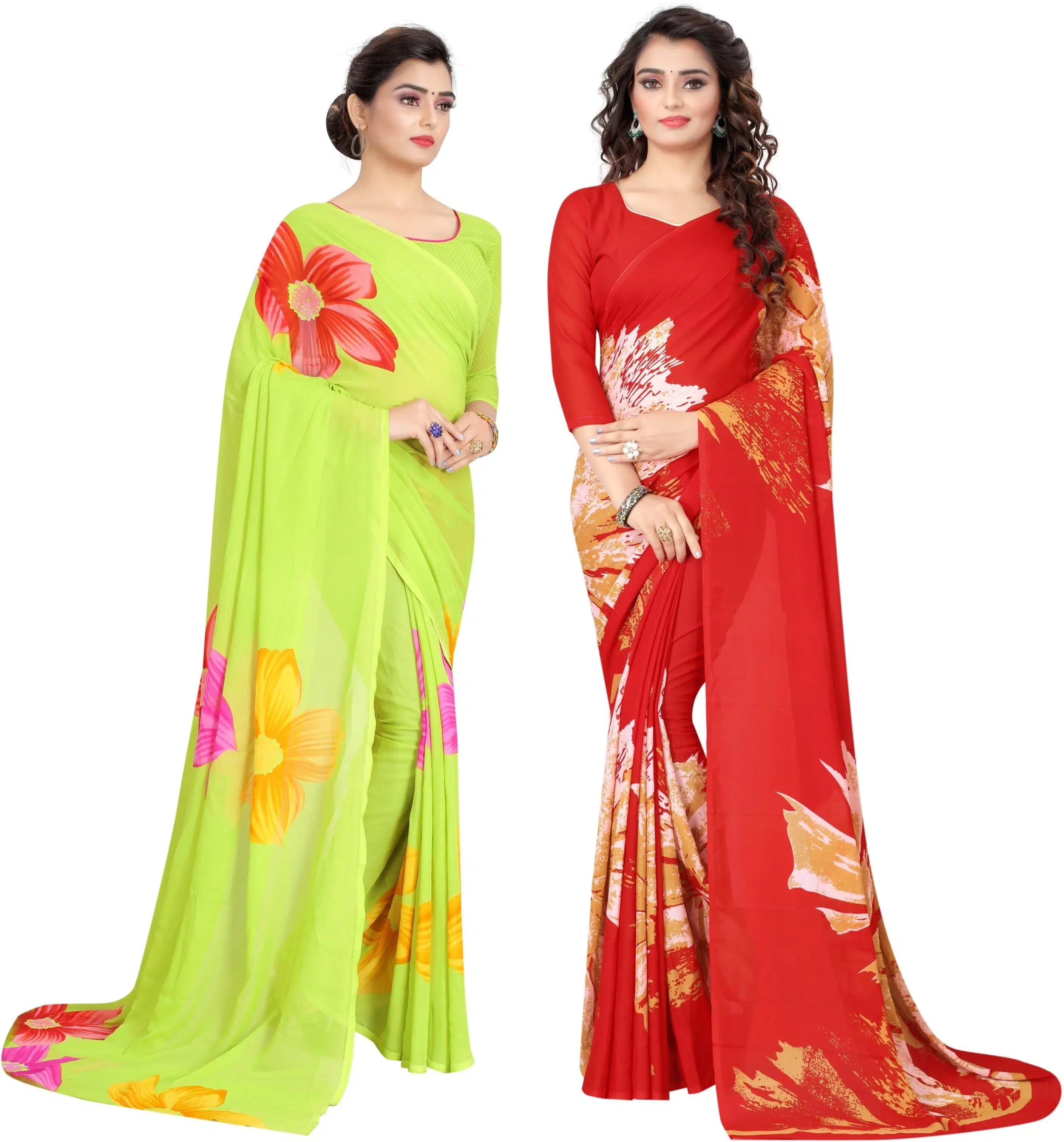 Yashika Georgette Printed Regular Saree With Unstitched Blouse Piece ( Red ) Yashika Georgette Printed Regular Saree With Unstitched Blouse Piece ( Red )