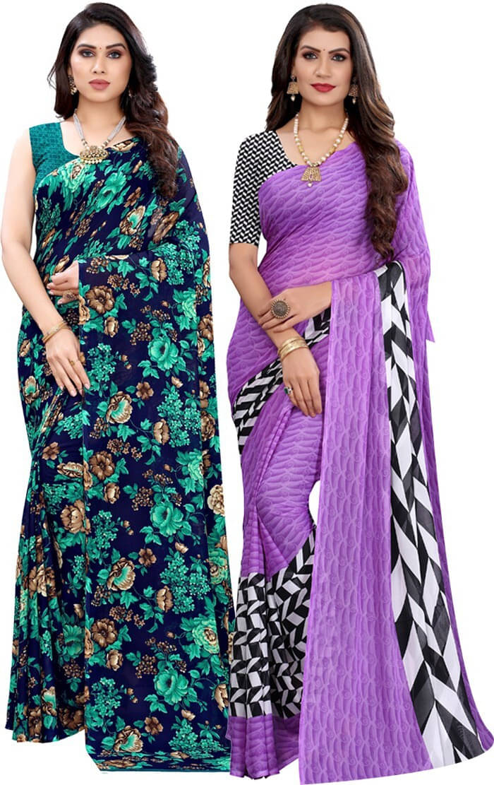     			Yashika Georgette Printed Regular Saree With Unstitched Blouse Piece ( Purple )