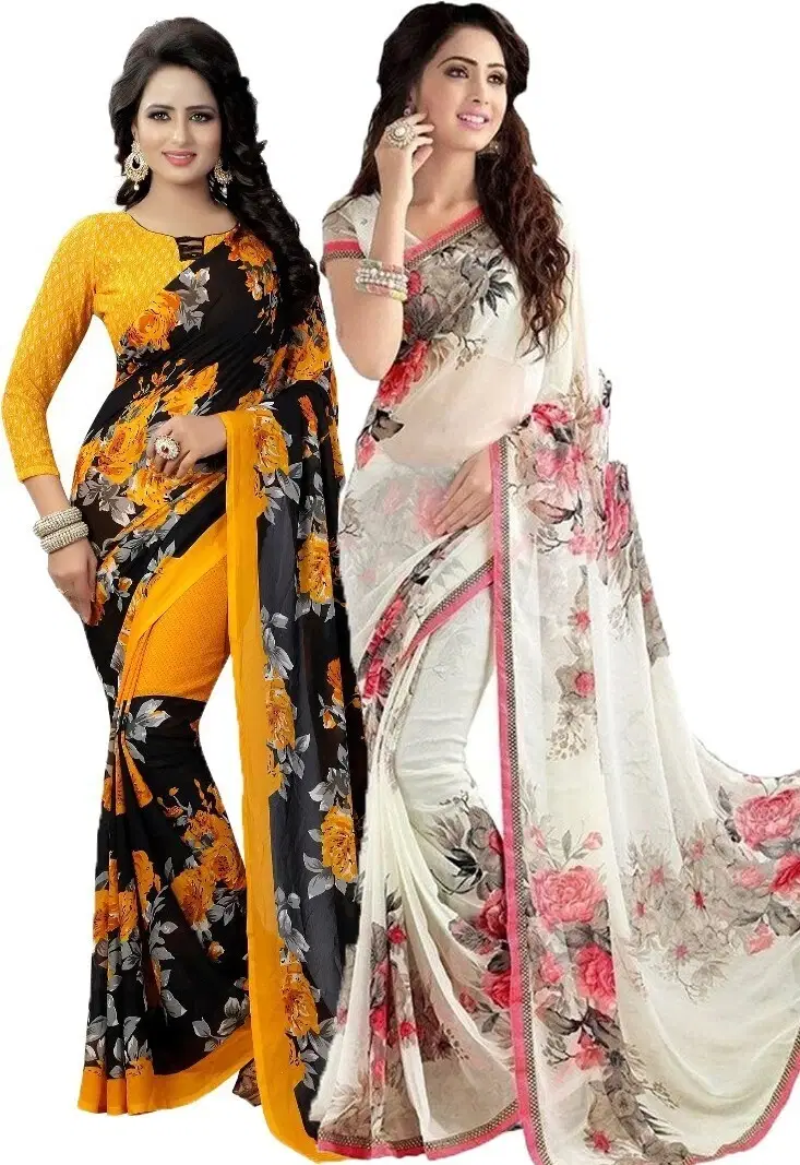     			Yashika Georgette Printed Regular Saree With Unstitched Blouse Piece ( White )