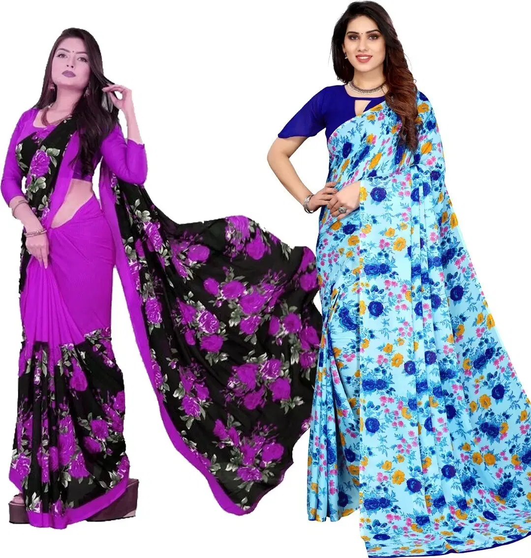     			Yashika Georgette Printed Regular Saree With Unstitched Blouse Piece ( Blue )