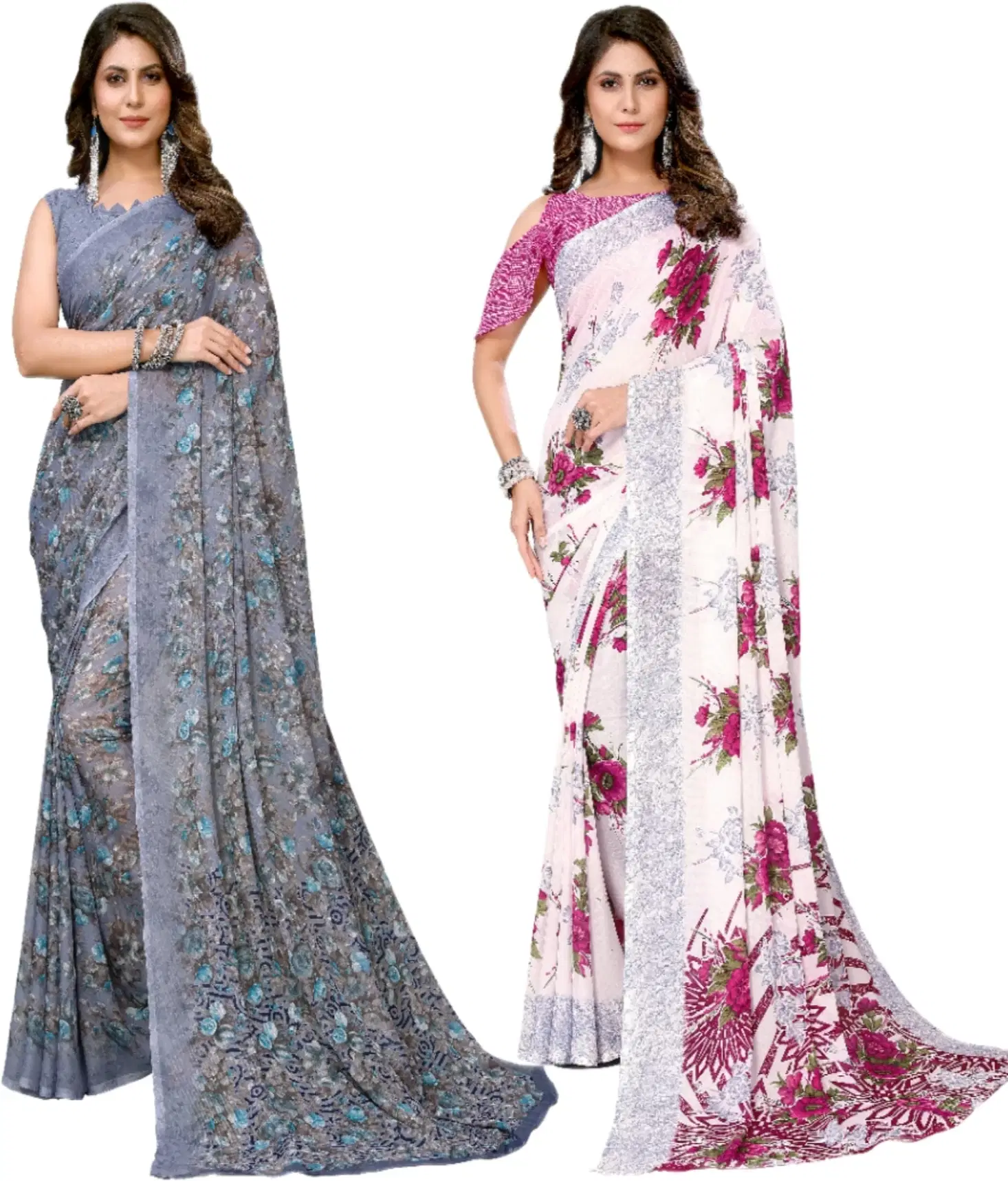 Yashika Georgette Printed Regular Saree With Unstitched Blouse Piece ( Grey ) Yashika Georgette Printed Regular Saree With Unstitched Blouse Piece ( Grey )