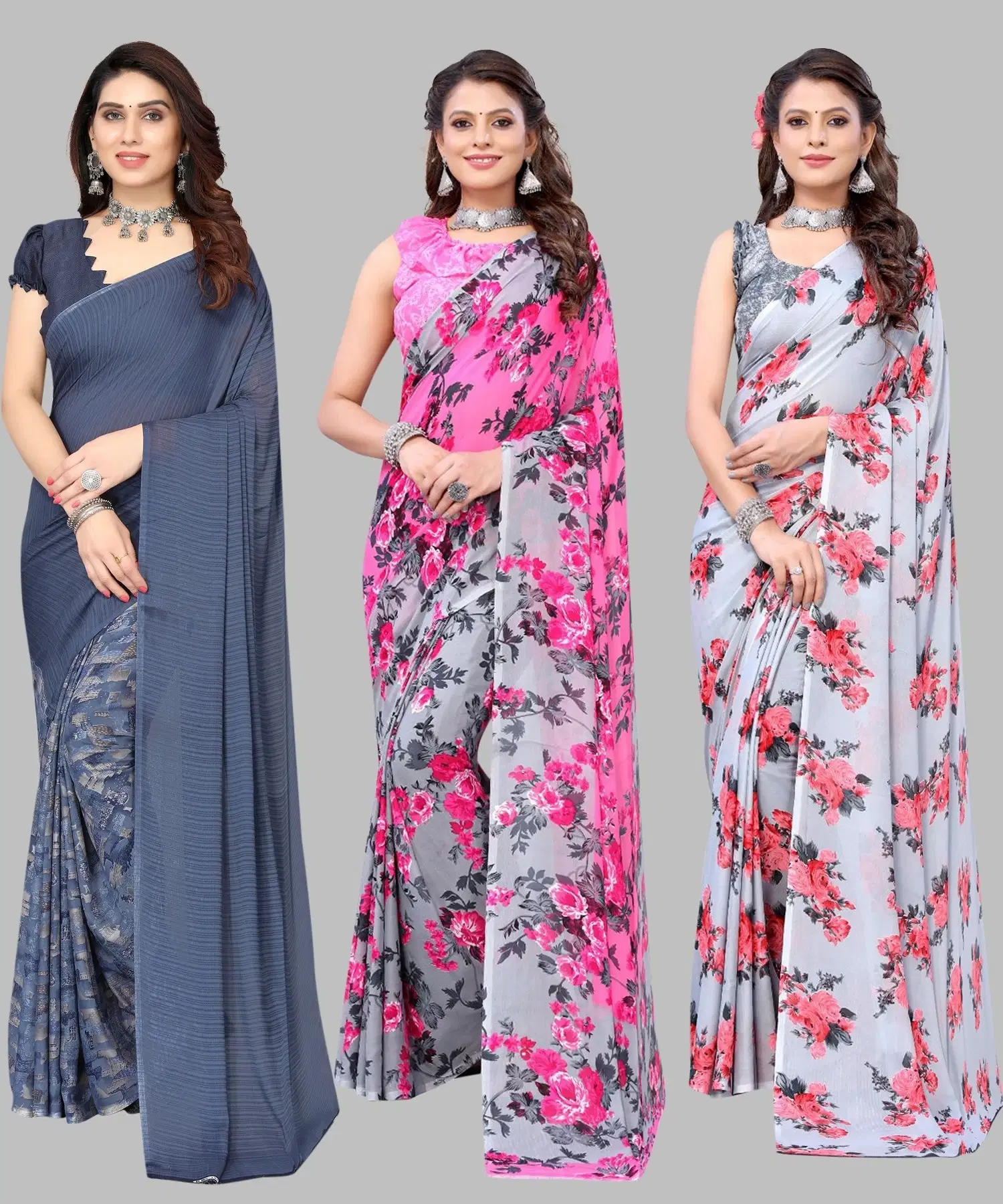     			Yashika Georgette Printed Regular Saree With Unstitched Blouse Piece ( Blue )