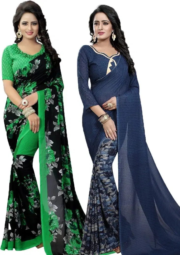 Yashika Georgette Printed Regular Saree With Unstitched Blouse Piece ( Navy Blue ) Yashika Georgette Printed Regular Saree With Unstitched Blouse Piece ( Navy Blue )