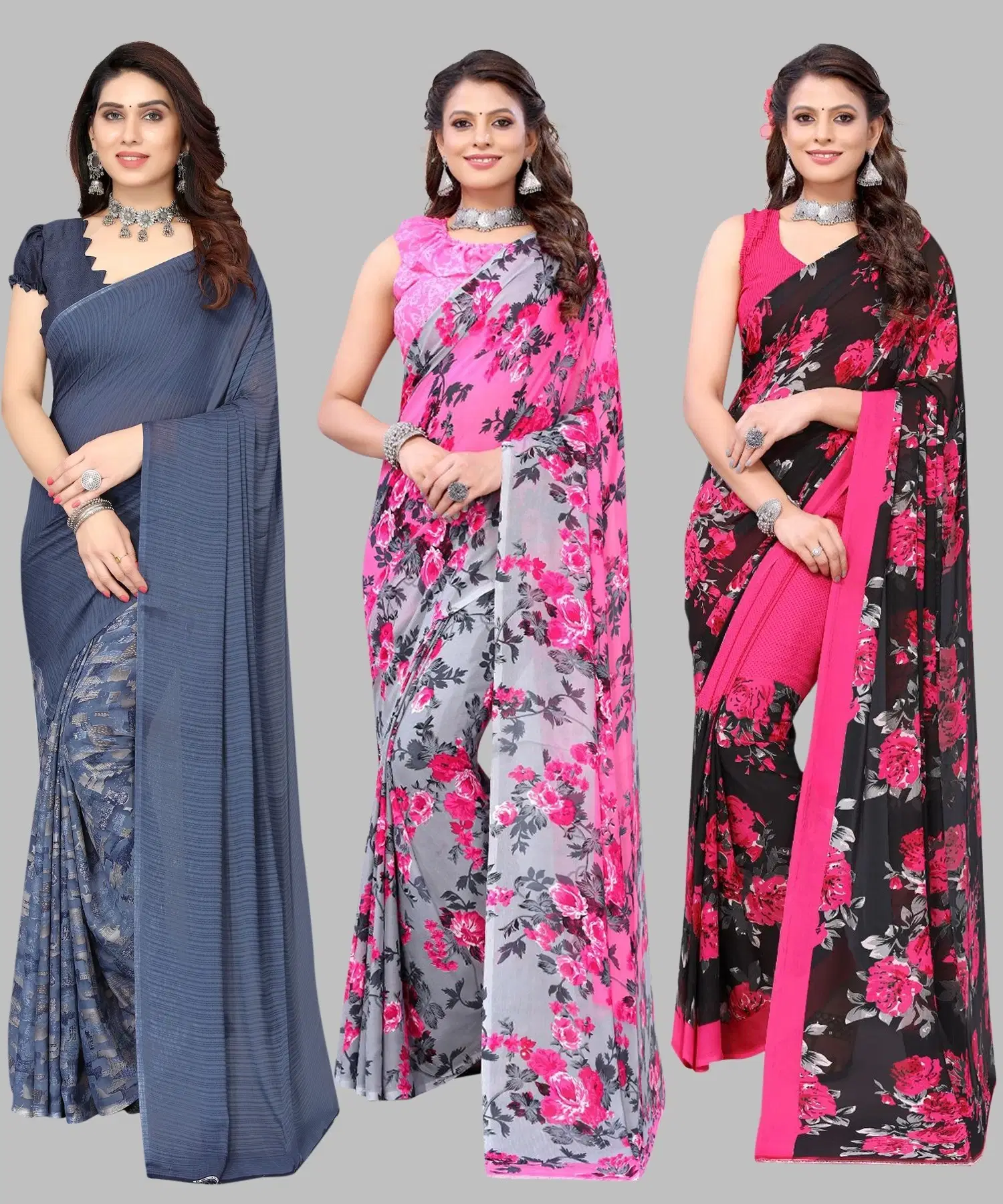 Yashika Georgette Printed Regular Saree With Unstitched Blouse Piece ( Blue )     			Yashika Georgette Printed Regular Saree With Unstitched Blouse Piece ( Blue )