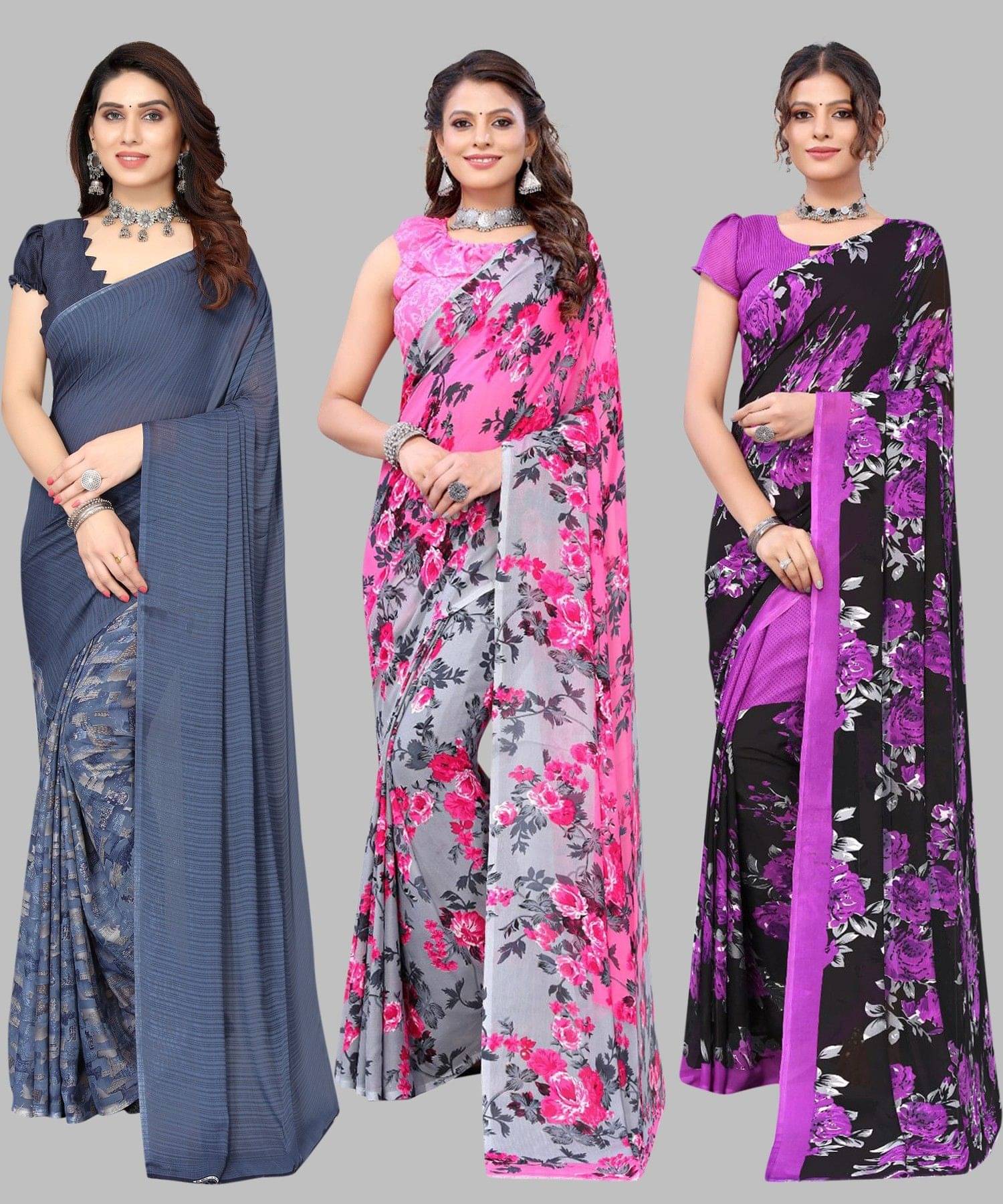     			Yashika Georgette Printed Regular Saree With Unstitched Blouse Piece ( Purple )