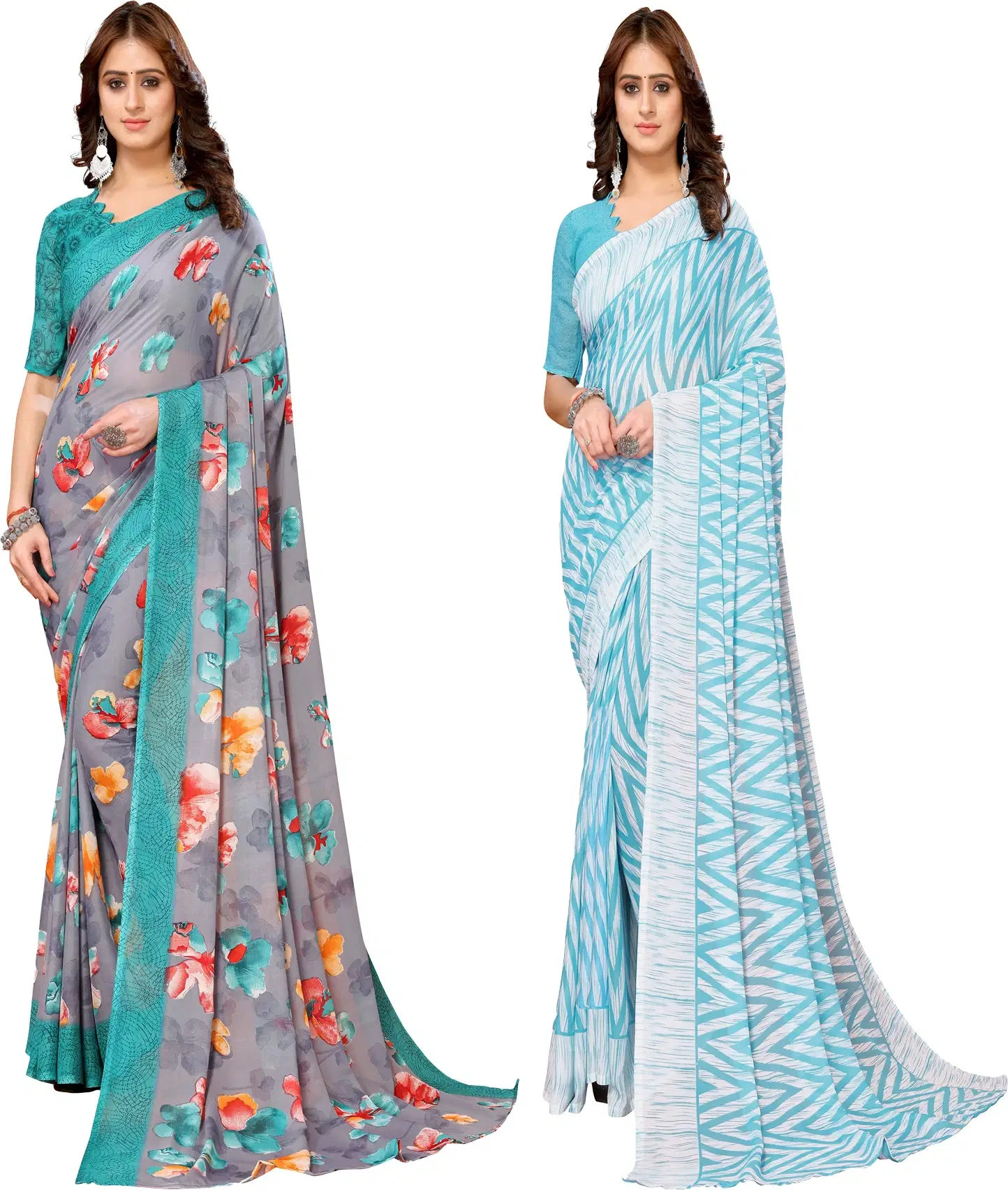 Yashika Georgette Printed Regular Saree With Unstitched Blouse Piece ( Blue ) Yashika Georgette Printed Regular Saree With Unstitched Blouse Piece ( Blue )